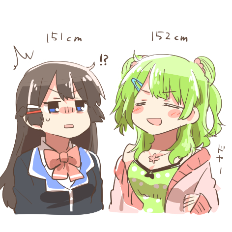 !? 2girls :d ^^^ black_hair black_jacket blazer bow braid breasts camisole chibi cleavage closed_eyes collared_shirt cropped_torso double_bun green_camisole green_hair hair_bun hair_ornament hairclip height jacket long_hair lowres morinaka_kazaki morinaka_kazaki_(2nd_costume) multiple_girls nijisanji off_shoulder open_clothes open_jacket open_mouth pink_bow pink_jacket polka_dot_camisole rebecca_(keinelove) rectangular_mouth school_uniform shirt simple_background small_breasts smile tsukino_mito tsukino_mito_(1st_costume) two_side_up upper_body virtual_youtuber white_background white_shirt