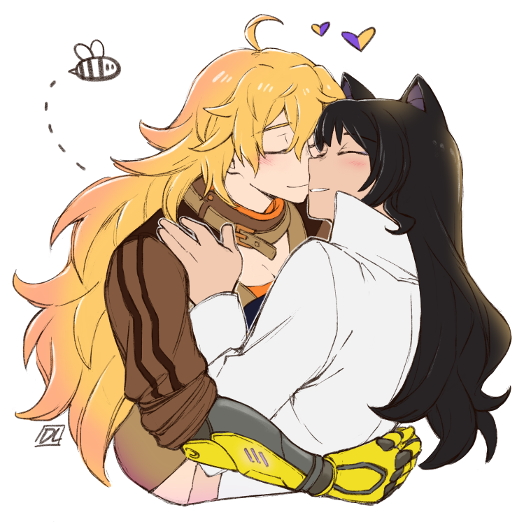 2girls animal_ears bee belt_collar black_hair blake_belladonna blonde_hair blush breasts brown_jacket bug cat_ears closed_eyes collar dlanon ember_celica_(rwby) hand_on_another&#039;s_shoulder heart hug insect jacket large_breasts long_hair multiple_girls prosthesis prosthetic_arm rwby signature tailcoat upper_body white_background white_tailcoat yang_xiao_long yuri