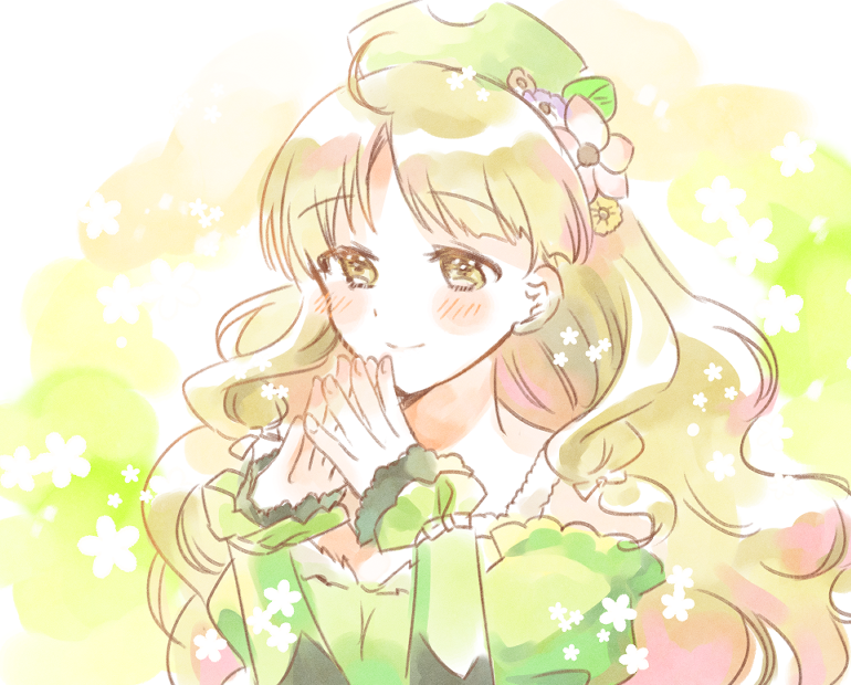 1girl atelier_(series) atelier_ayesha ayesha_altugle blonde_hair blush brown_eyes flower green_background green_hat hair_flower hair_ornament hands_up hat long_hair own_hands_together parted_bangs pink_flower satsu smile solo steepled_fingers upper_body wavy_hair