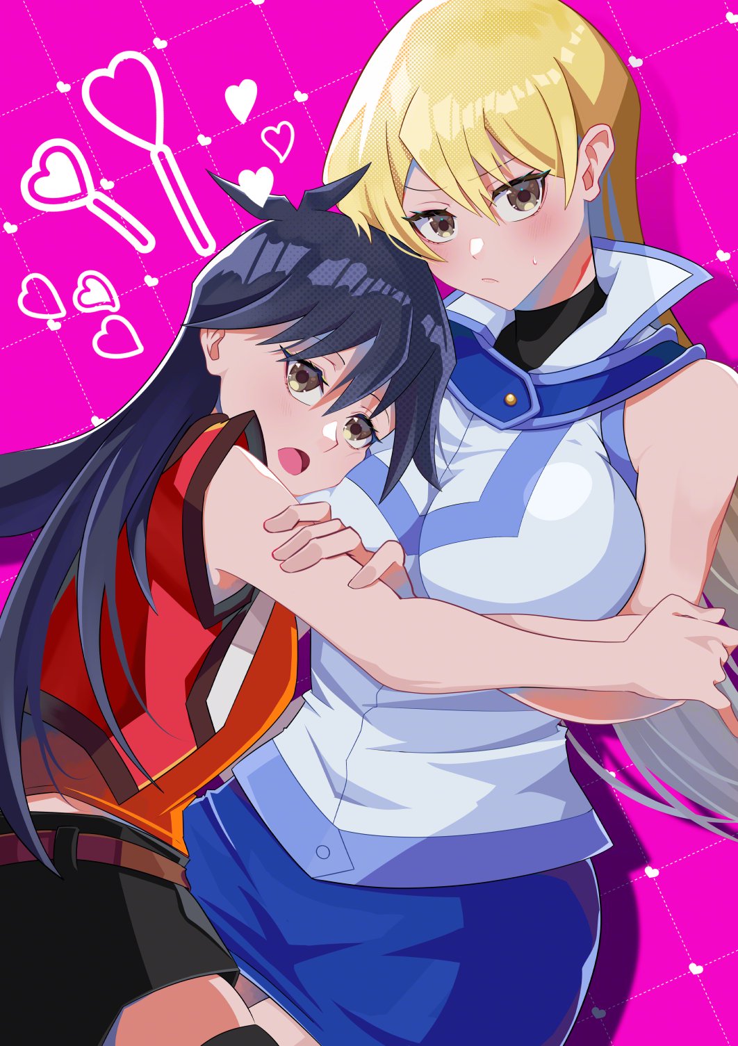 2girls bare_shoulders black_hair black_shorts blonde_hair blue_skirt breasts brown_eyes cowboy_shot heart highres large_breasts long_hair looking_at_viewer multiple_girls otowaika pink_background red_vest saotome_rei shorts simple_background skirt tenjouin_asuka vest yu-gi-oh! yu-gi-oh!_gx