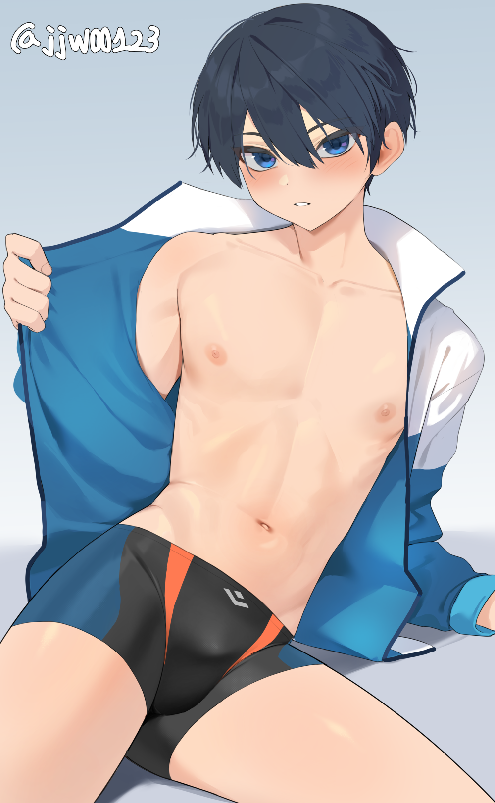 1boy artist_name black_hair black_male_swimwear blue_eyes blue_jacket blush bulge free! g1_(jjw00123) grey_background highres jacket looking_at_viewer male_focus male_swimwear nanase_haruka_(free!) navel nipples open_clothes open_jacket paid_reward_available parted_lips short_hair simple_background sitting thighs twitter_username