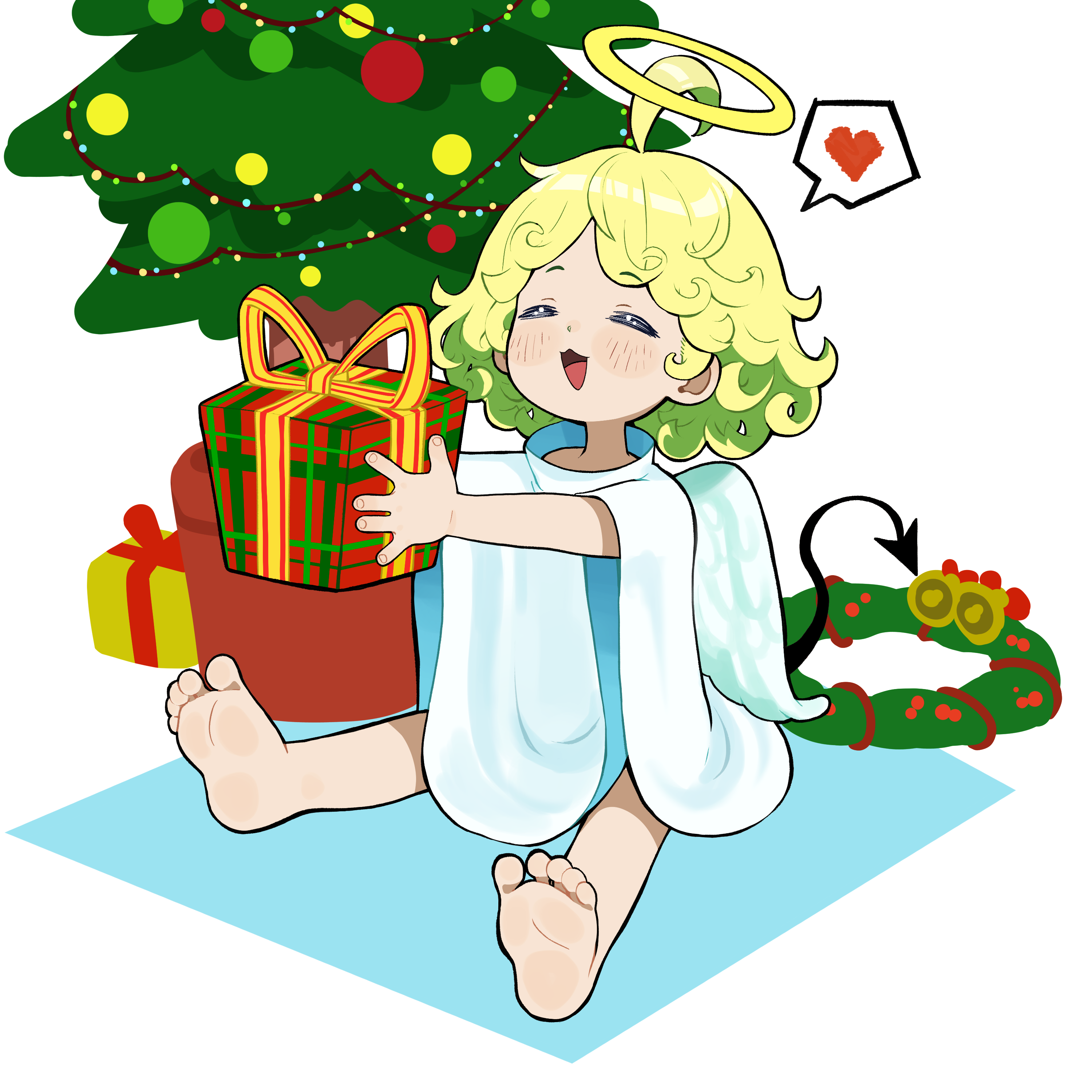 1girl =_= absurdres ahoge angel angel_wings barefoot blonde_hair blush_stickers box christmas christmas_tree closed_eyes commentary curly_hair demon_tail english_commentary gift gift_box gnsisir halo heart highres holding holding_box holding_gift mixed-language_commentary open_mouth original robe short_hair sitting smile soles solo spoken_heart tail white_robe wings yellow_halo