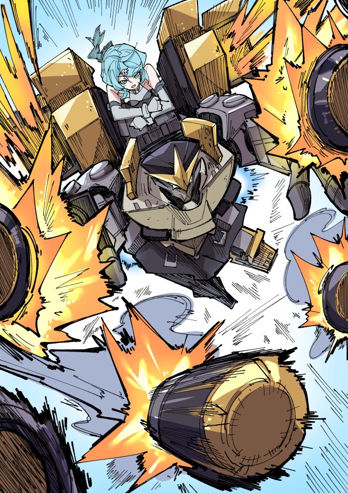 1girl bare_shoulders blue_background blue_eyes blue_hair commentary_request detached_sleeves firing gloves grey_gloves grey_sleeves hair_ornament hairpin humanoid_robot long_hair mecha mecha_focus mechanical_arms missile nodachi_(nodati51) on_mecha open_mouth ponytail robot seed_(zenless_zone_zero) seed_sr. zenless_zone_zero