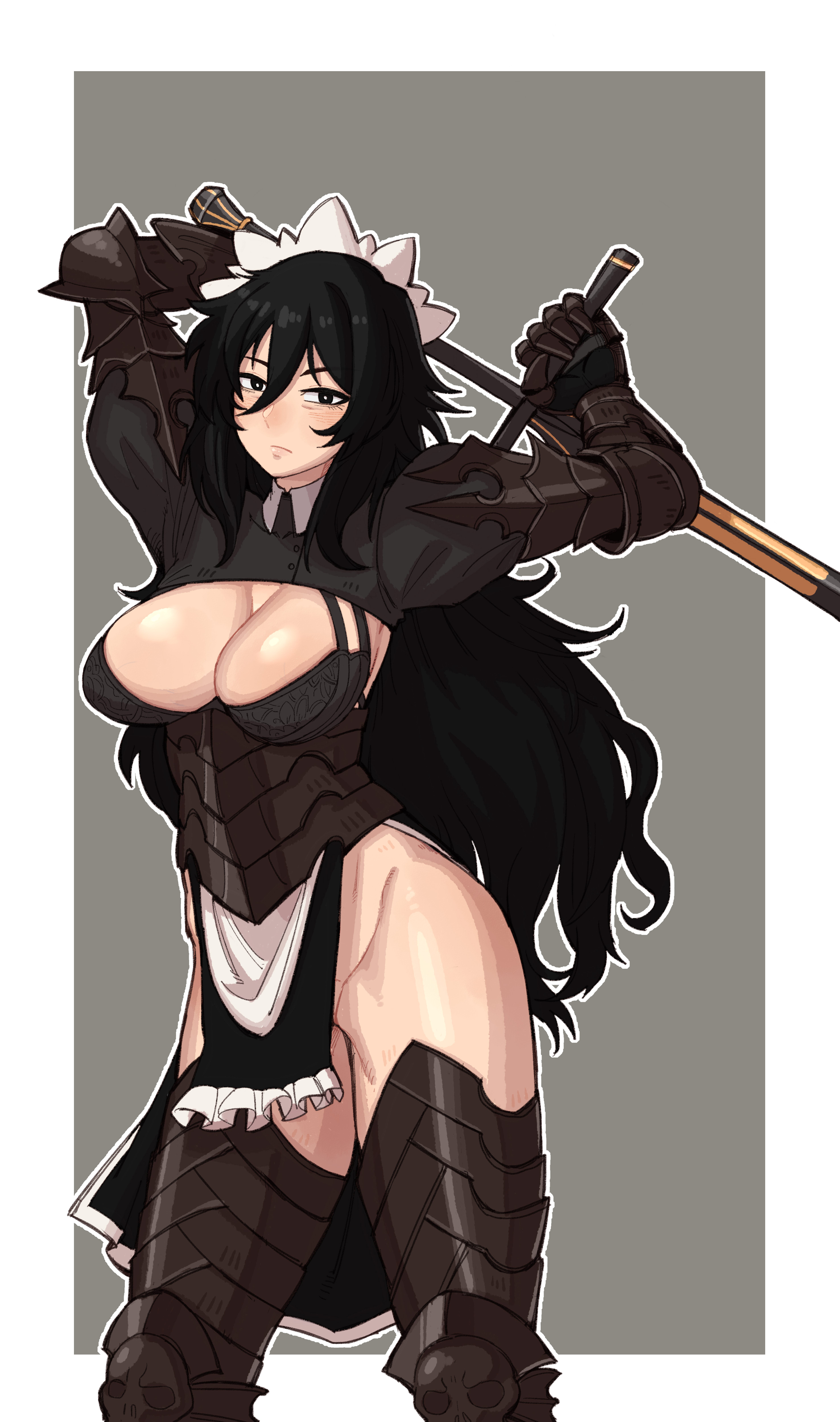 1girl absurdres armor armored_corset armored_legwear arms_up black_eyes black_hair blush borrowed_character breasts closed_mouth collared_shrug commentary ebonyxh english_commentary executioner's_sword executioner_maid_(centurii-chan) frilled_skirt frills gauntlets grey_background hair_between_eyes highres large_breasts long_bangs long_hair long_sword looking_at_viewer maid maid_headdress no_panties original pelvic_curtain shrug_(clothing) simple_background skirt solo sword two-handed_sword weapon white_background zweihander