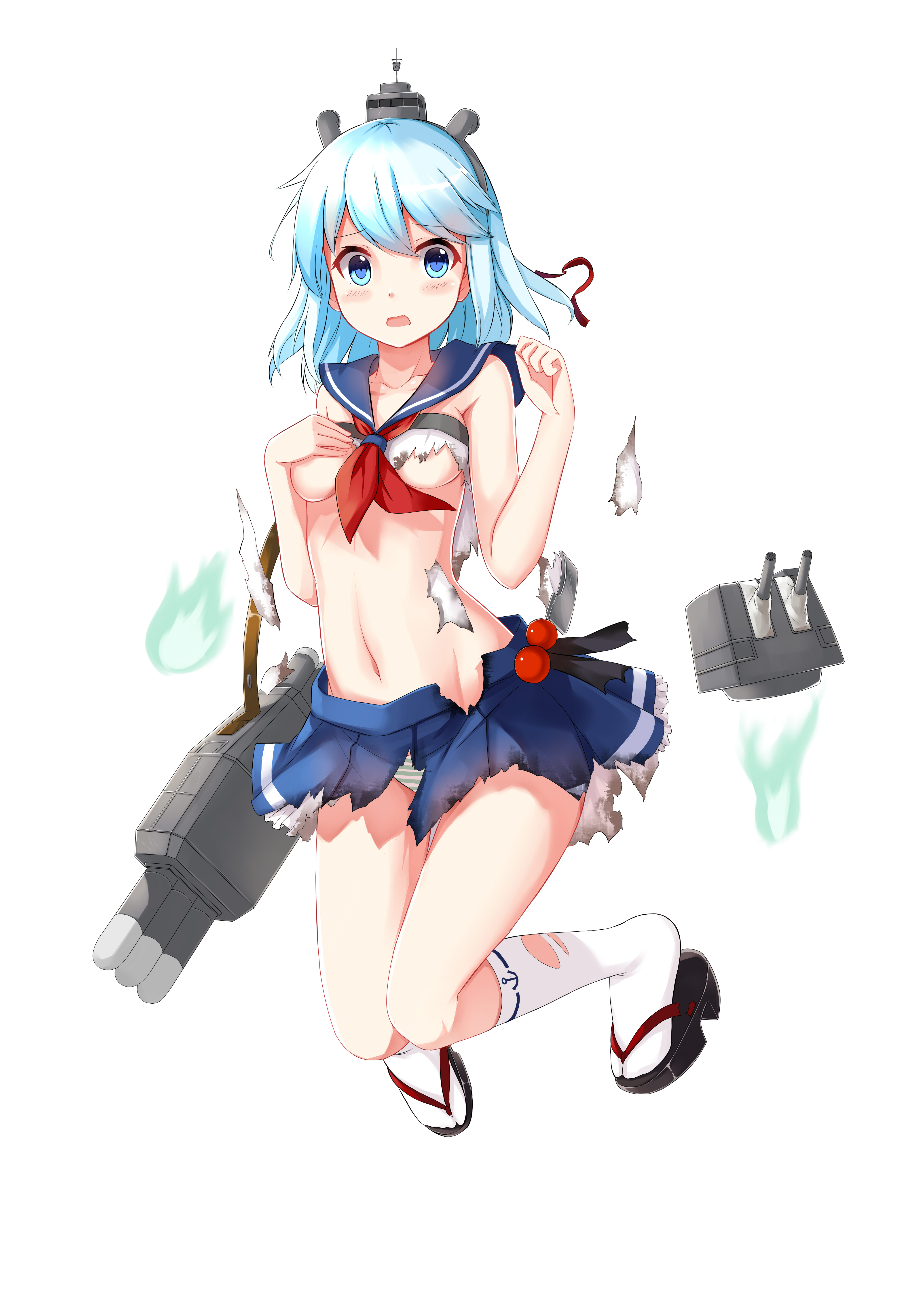 戦艦少女　エロ allenes, fubuki (warship girls r), miyuki (warship girls r), warship girls  r, torn legwear, absurdres, highres, 1girl, aqua hair, bell, blue eyes,  blue hair, blush, braid, breasts, burnt clothes, cannon, clenched hand,