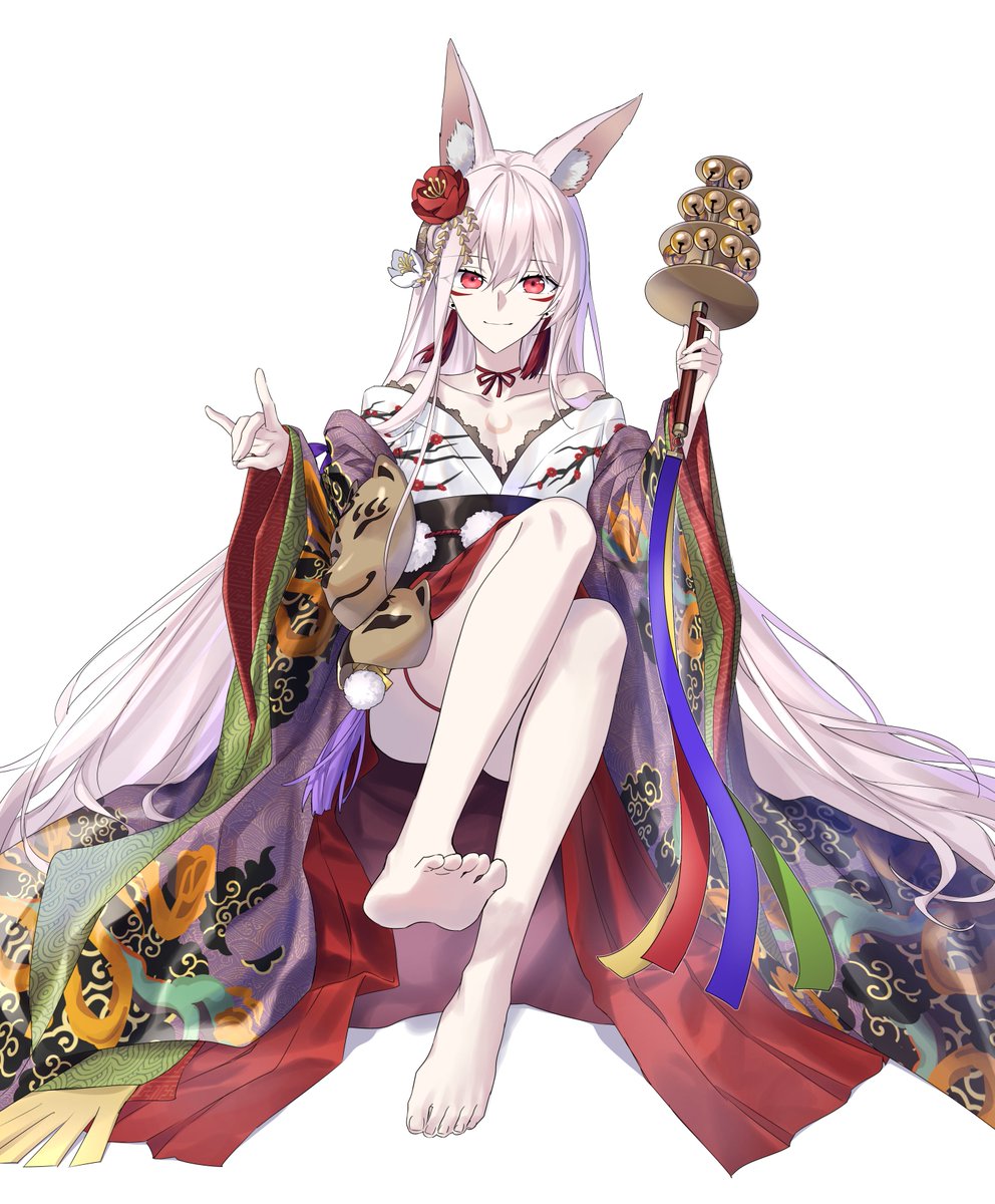 1girl absurdly_long_hair animal_ear_fluff animal_ears bare_shoulders barefoot collarbone extra_ears facial_mark flower fox_ears fox_girl fox_mask fox_shadow_puppet full_body girls&#039;_frontline hair_flower hair_ornament highres japanese_clothes kar98k_(girls&#039;_frontline) kar98k_(inari_at_hatsu-uma_festival)_(girls&#039;_frontline) long_hair looking_at_viewer mask obi off_shoulder pom_pom_(clothes) red_eyes sash sitting smile solo suprii thigh_strap toes very_long_hair