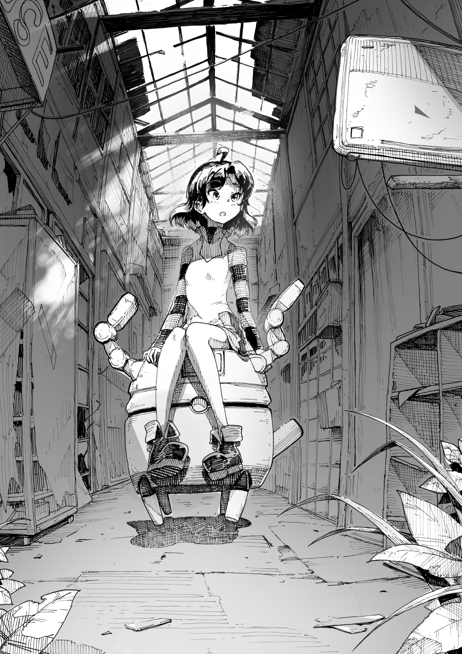 1girl ahoge boots cluseller dark dress female_focus flat_chest full_body greyscale hair_intakes highres indoors kemurikusa knees_together_feet_apart medium_hair monochrome open_mouth plant raglan_sleeves riri_(kemurikusa) robot ruins shiro_(kemurikusa) sitting spoilers striped_sleeves traditional_media