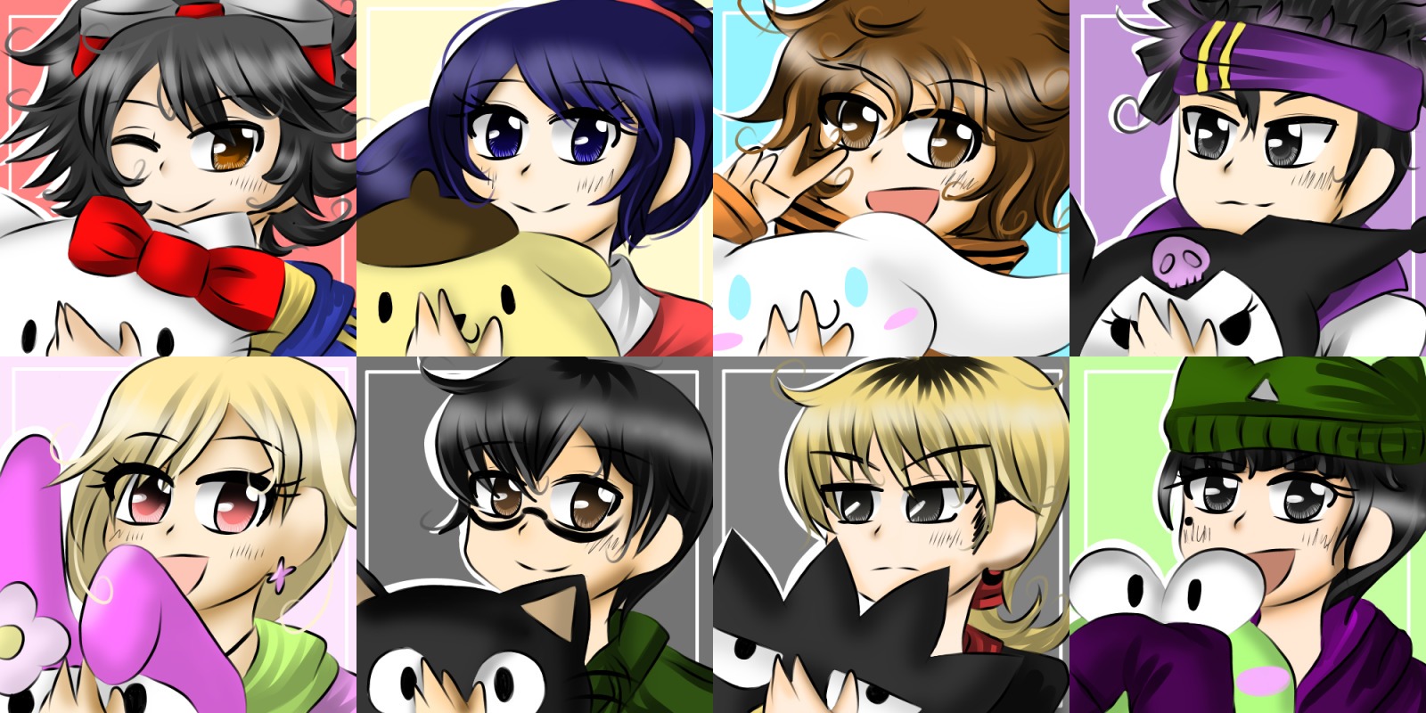 3girls 5boys crossover digimon digimon_survive glasses highres hinata_minoru kayama_shuuji kimishima_saki momotsuka_takuma multiple_boys multiple_girls ribbon sanrio shibuya_aoi shinonome_kaito shinonome_miu tominaga_ryo