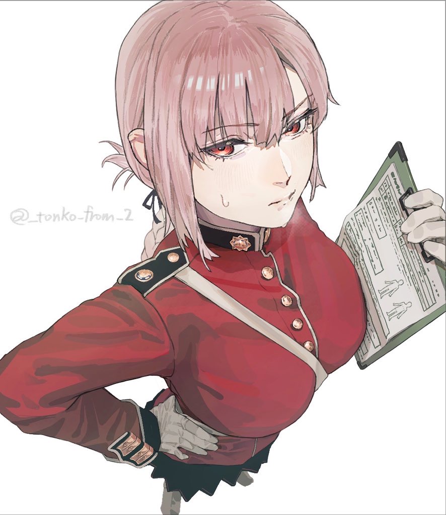 1girl blush breasts clipboard fate/grand_order fate_(series) florence_nightingale_(fate) folded_ponytail from_above gloves hand_on_own_hip jacket large_breasts long_hair long_sleeves looking_at_viewer looking_to_the_side pink_hair red_eyes red_jacket solo sweat tonko_from white_background
