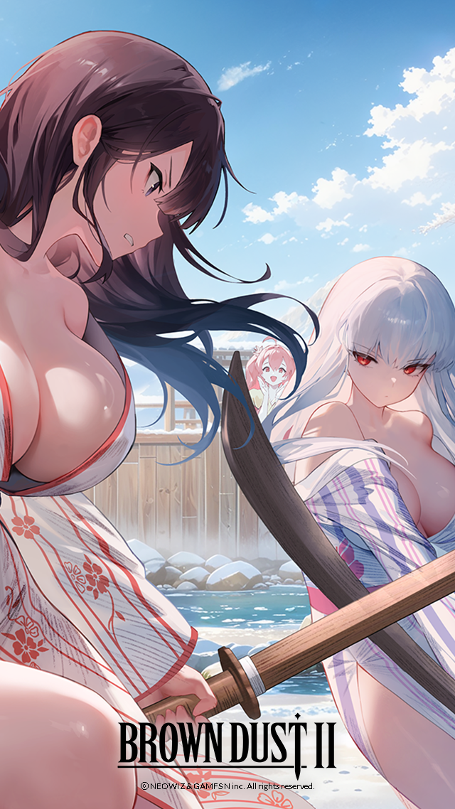 3girls :d architecture bath bath_yukata blade_(brown_dust) breasts brown_dust_(series) brown_dust_2 brown_hair cleavage closed_mouth day dot_mouth east_asian_architecture fighting floral_print floral_print_kimono holding holding_sword holding_weapon japanese_clothes kimono large_breasts liberta_(brown_dust_2) liberta_(onsen_manager)_(brown_dust_2) logo long_hair multiple_girls naked_kimono official_art official_wallpaper onsen open_clothes open_kimono open_mouth outdoors print_kimono red_eyes red_hair rock serious smile steam striped_clothes striped_kimono sword ventana_(brown_dust) vertical-striped_clothes vertical-striped_kimono water weapon white_hair wooden_sword yukata