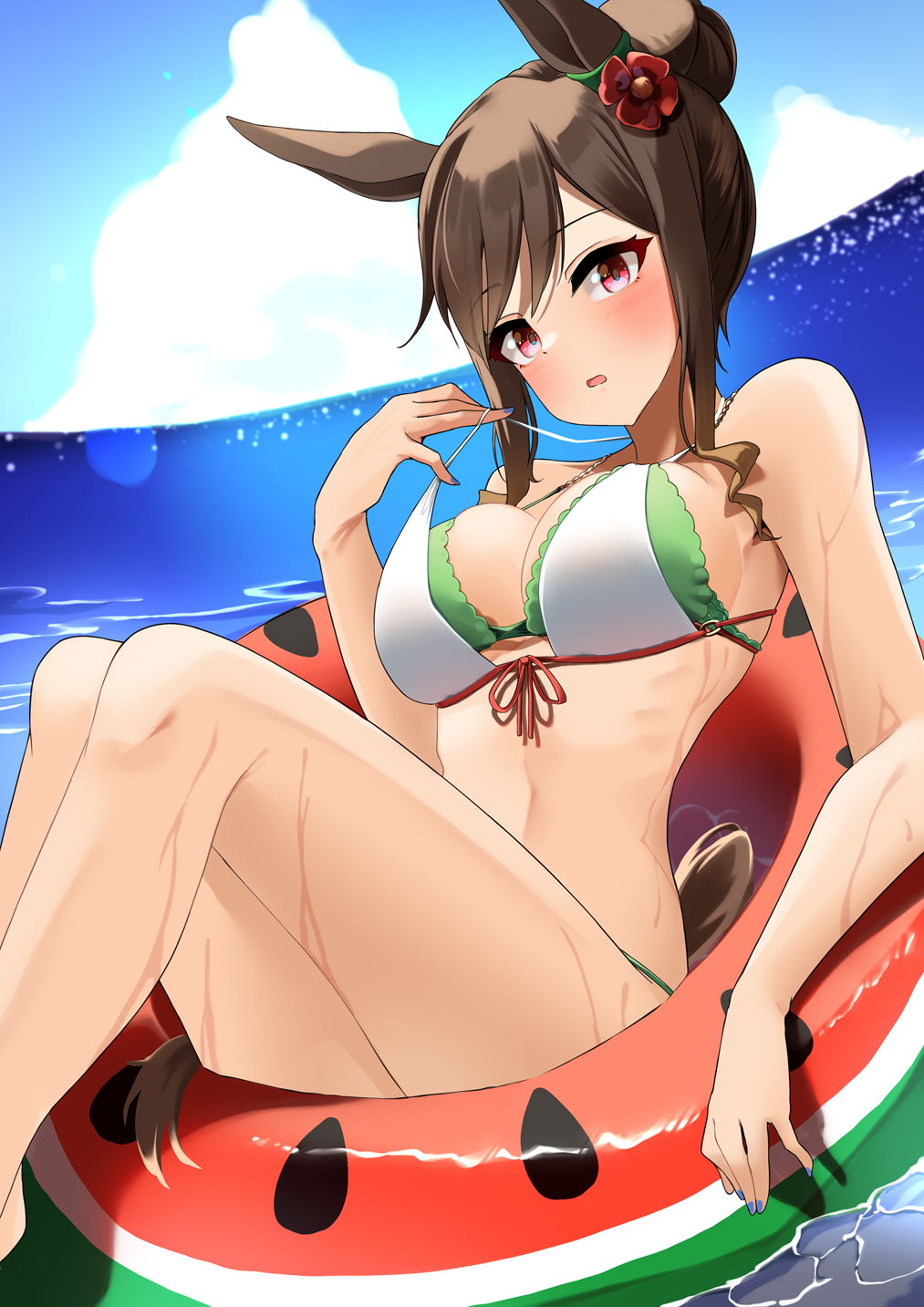 1girl alternate_costume animal_ears bare_shoulders bikini blue_sky breasts brown_hair character_request cleavage commentary_request ear_ornament front-tie_bikini_top front-tie_top hair_bun highres horse_ears horse_girl innertube knees_up komb large_breasts layered_bikini lens_flare ocean outdoors purple_nails red_eyes short_hair sky solo strap_pull swim_ring swimsuit umamusume wet white_bikini