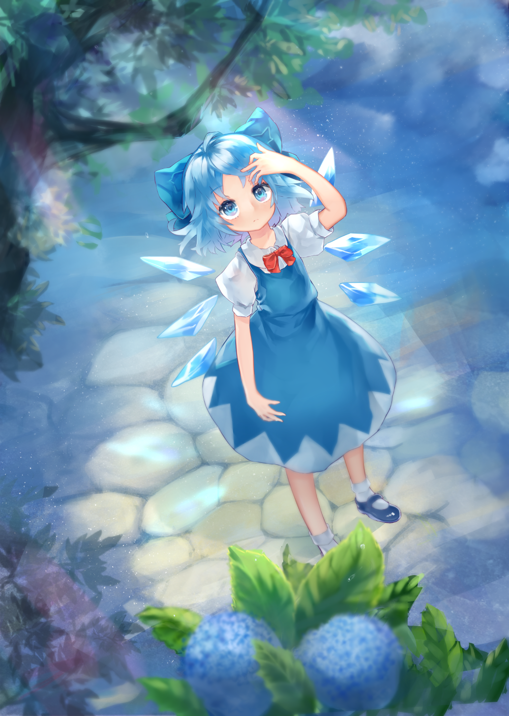 1girl arm_up blue_bow blue_dress blue_eyes blue_hair blue_shoes blue_wings bow bowtie cirno cobblestone day dress female_focus flower from_above full_body highres hydrangea ice ice_wings light_particles light_rays looking_up mary_janes puffy_short_sleeves puffy_sleeves red_bow red_bowtie shirt shoes short_hair short_sleeves socks solo standing sunbeam sunlight syukou touhou tucking_hair water white_shirt white_socks wings