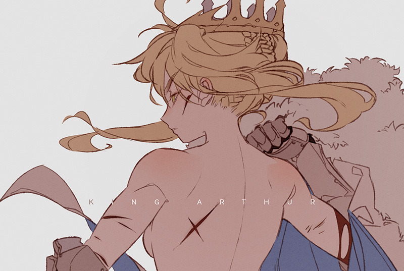artoria_pendragon_(fate) backboob bare_back blonde_hair breasts cape character_name commentary crown english_commentary fate/stay_night fate_(series) floating_hair from_behind fur-trimmed_cape fur_trim gauntlets kawacy no_bra scar upper_body