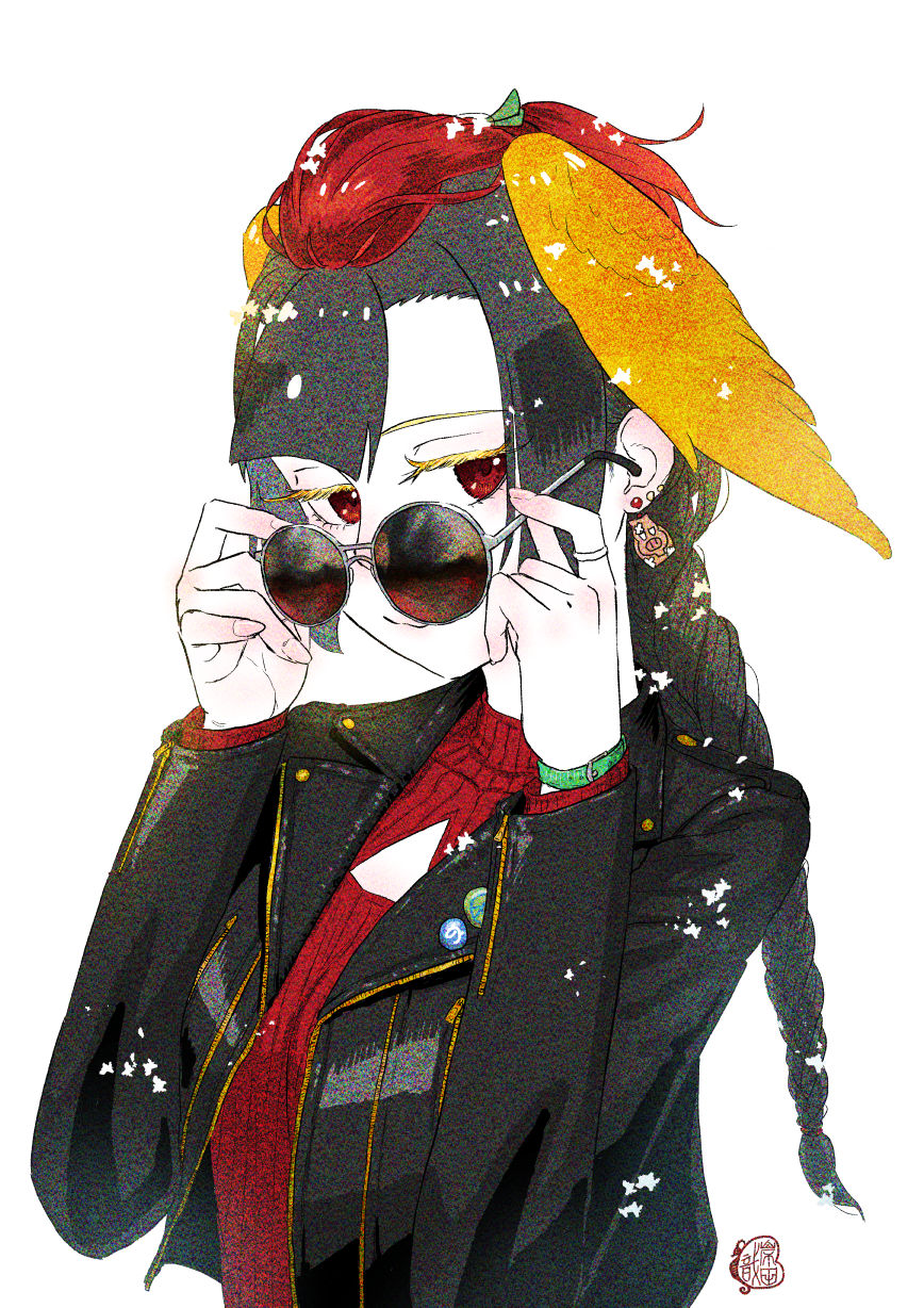 1girl alternate_costume artist_logo bad_id bad_pixiv_id bird_wings black_hair braid casual closed_mouth commentary_request contemporary ear_piercing earrings eyelashes half-closed_eyes hands_up head_wings hi_no_tori hi_no_tori_(kemono_friends) highres holding holding_removed_eyewear jacket jewelry kemono_friends kishida_shiki logo long_hair long_sleeves looking_at_viewer low-tied_long_hair multicolored_hair open_clothes open_jacket piercing red_eyes red_hair ring round_eyewear sidelocks simple_background single_braid smile solo sunglasses sweater turtleneck turtleneck_sweater two-tone_hair unworn_eyewear upper_body white_background wings