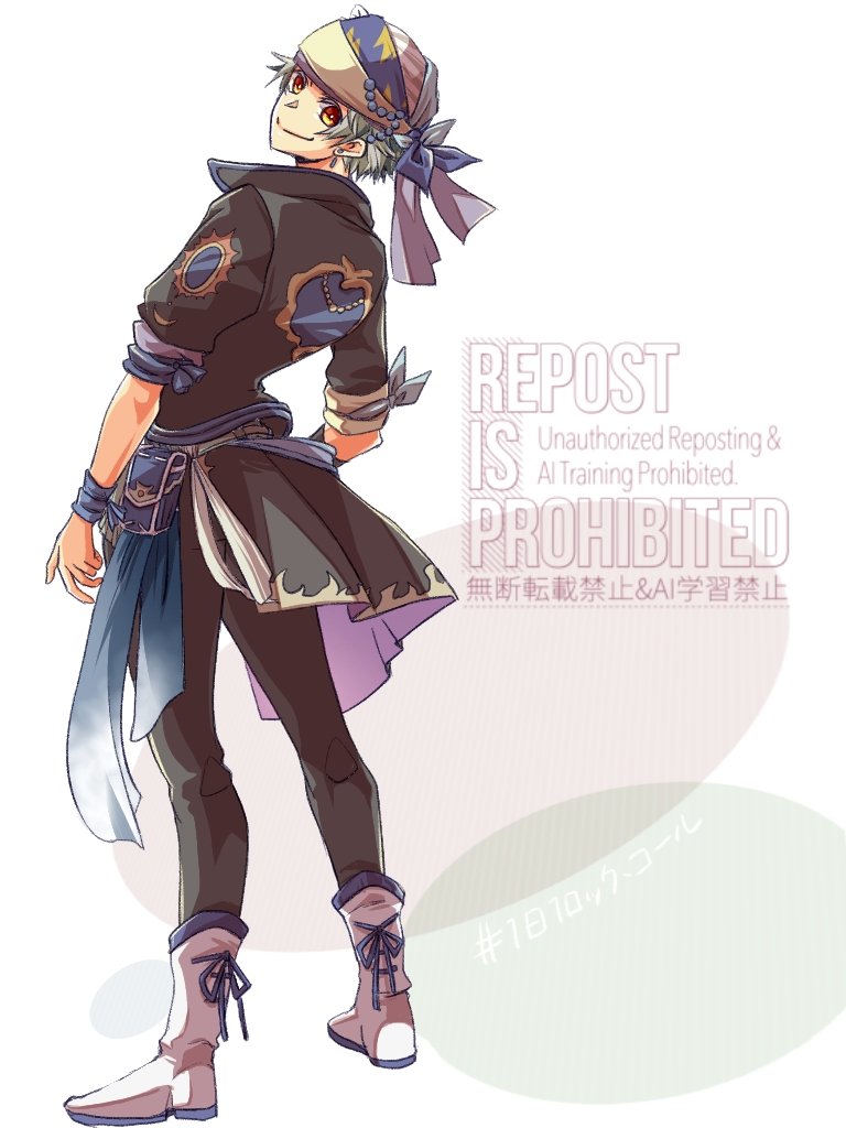1boy ayana_(iqaw5cfohvdtver) black_jacket black_pants blue_ribbon boots brown_eyes earrings final_fantasy final_fantasy_vi full_body grey_hair headscarf jacket jewelry locke_cole looking_at_viewer male_focus pants parted_bangs ribbon sash short_hair sleeves_rolled_up smile solo waist_sash white_background white_boots wrist_ribbon