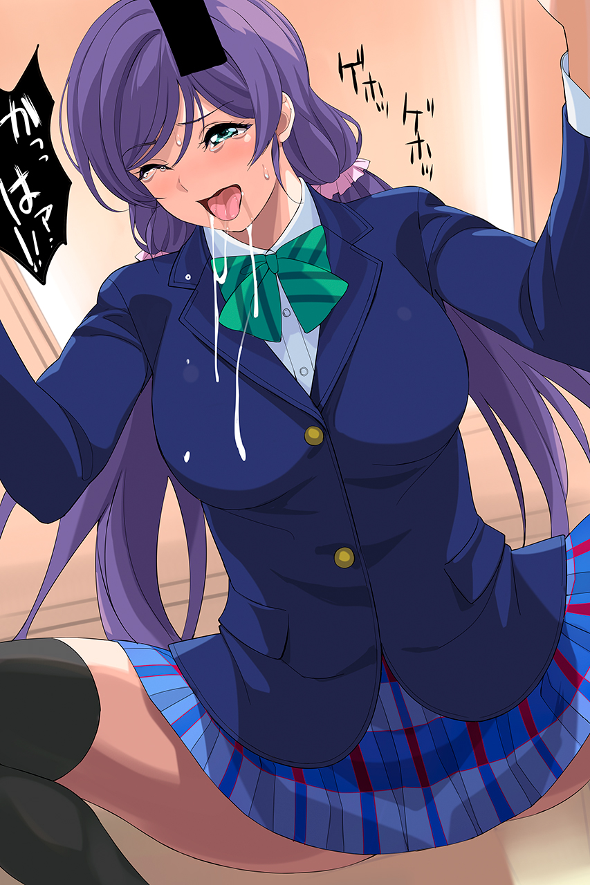 1girl a1_(initial-g) black_thighhighs blazer blue_eyes blue_jacket breasts collared_shirt commentary commentary_request dress_shirt ehoumaki food from_below green_ribbon hair_ornament hair_scrunchie highres implied_fellatio indoors jacket large_breasts long_hair long_sleeves love_live! love_live!_school_idol_project low_twintails makizushi neck_ribbon one_eye_closed otonokizaka_school_uniform plaid_clothes plaid_skirt purple_hair ribbon saliva school_uniform scrunchie setsubun sexually_suggestive shirt skirt spread_legs striped sushi tears thighhighs thighs tojo_nozomi twintails vertical_stripes white_shirt