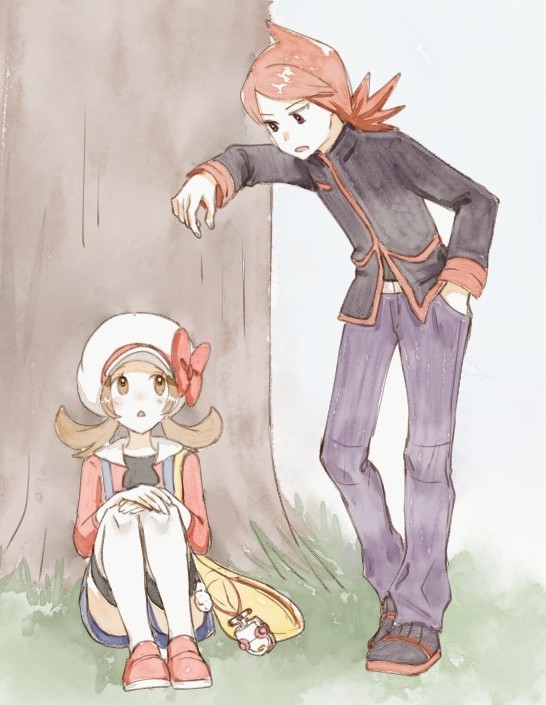 1boy 1girl against_tree asuka_rkgk bow commentary_request creatures_(company) eye_contact game_freak grass hand_in_pocket hand_up hat hat_bow jacket long_hair long_sleeves looking_at_another lyra_(pokemon) nintendo overalls pants pokegear pokemon pokemon_hgss red_bow red_hair shirt shoes silver_(pokemon) sitting standing thighhighs tree white_hat white_thighhighs yellow_bag