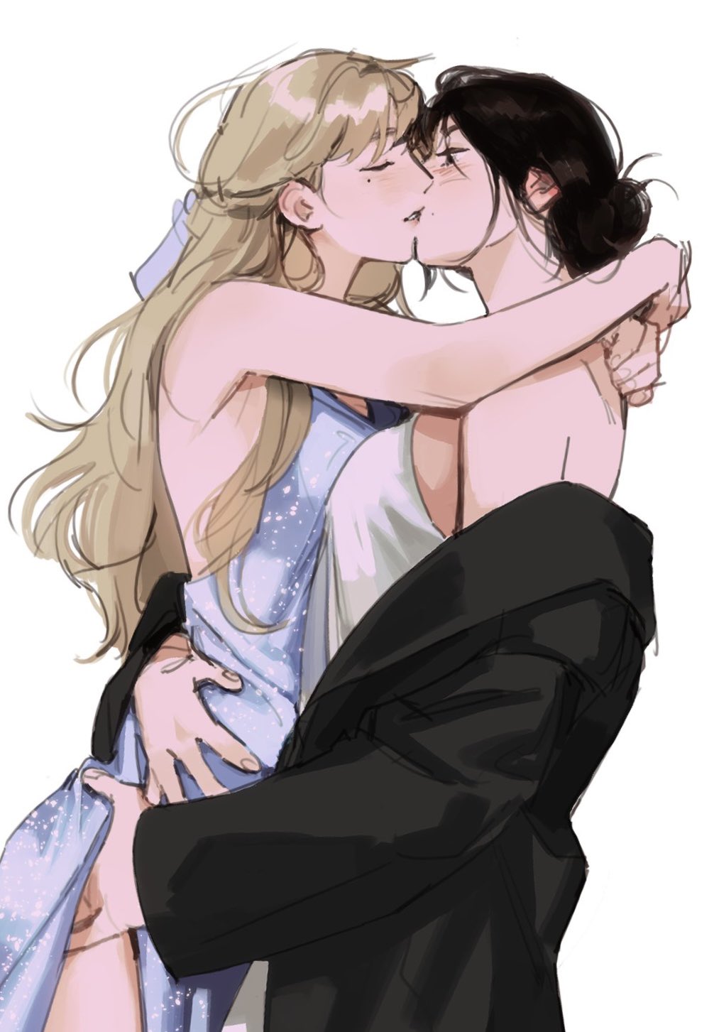 2girls arms_around_neck bare_arms black_hair black_jacket blue_dress blush brown_hair closed_eyes commentary dress english_commentary genderswap genderswap_(mtf) hair_bun hair_ribbon hand_on_another&#039;s_thigh hand_on_another&#039;s_waist hand_under_dress haotmeal highres jacket k-pop kiss long_hair looking_at_another mole mole_above_mouth mole_under_eye multiple_girls parted_lips purple_ribbon real_life ribbon simple_background sleeveless sleeveless_dress sung_han-bin white_background white_dress yuri zerobaseone zhang_hao