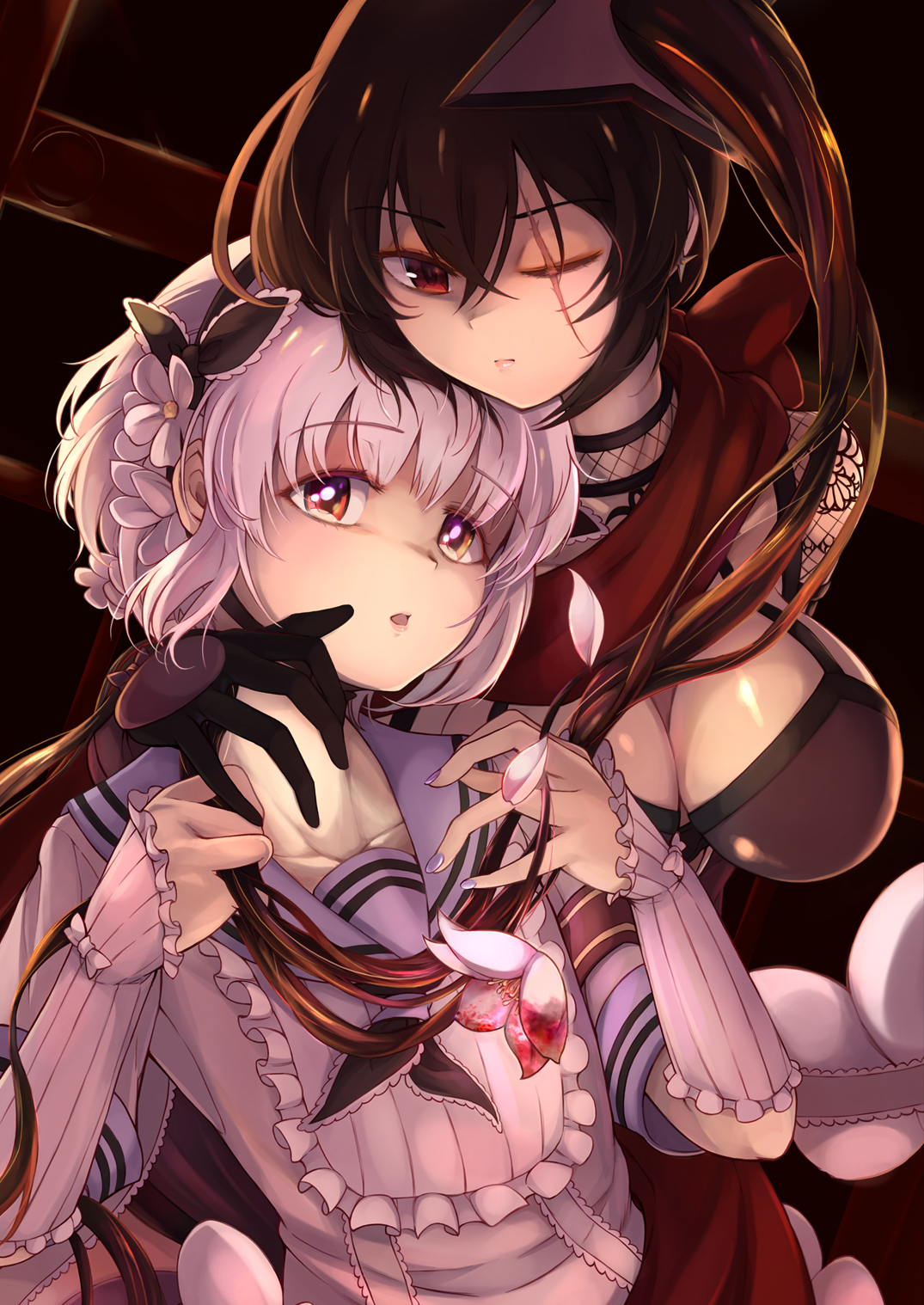 2girls black_gloves breasts brown_eyes brown_hair closed_mouth collarbone earrings flower gloves hair_between_eyes highres jewelry kyukyutto_(denryoku_hatsuden) large_breasts long_hair mahou_shoujo_ikusei_keikaku multiple_girls nail_polish neckerchief one_eye_closed parted_lips petals pink_hair purple_nails red_eyes ripple_(mahoiku) scar scar_across_eye scar_on_face shirt short_hair short_sleeves side_ponytail snow_white_(mahoiku) tears very_long_hair white_shirt