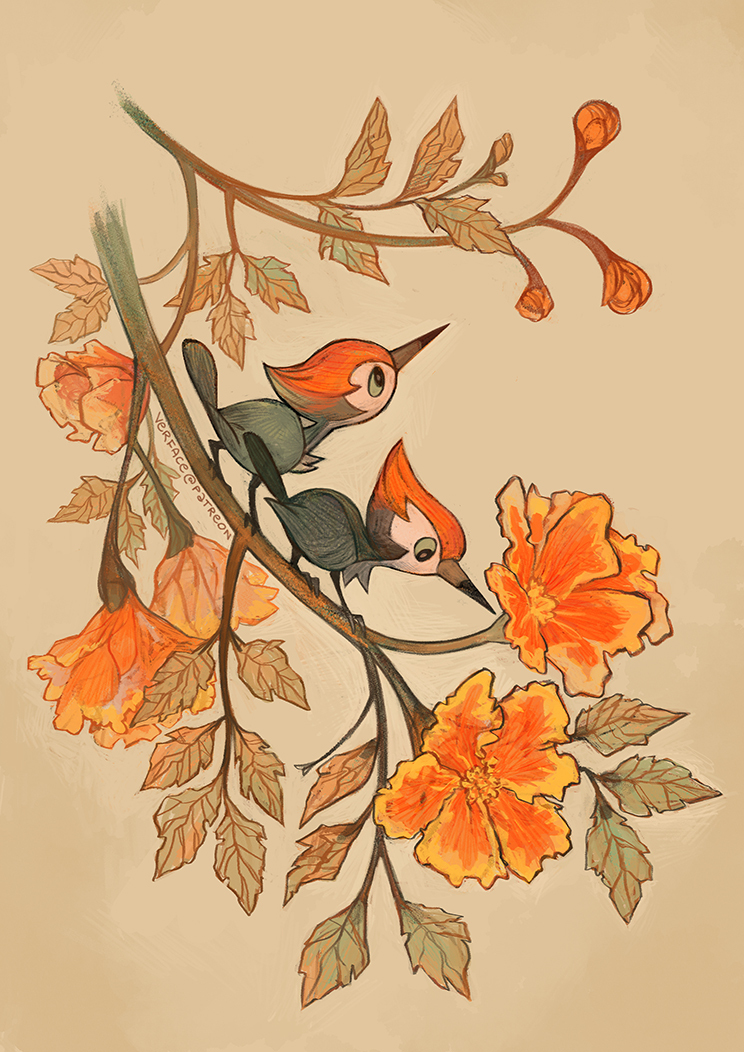 animal_focus artist_name bird closed_mouth commentary english_commentary flower flower_request from_side full_body game_freak gen_7_pokemon green_eyes leaf nintendo no_humans orange_flower patreon_username perching pikipek pokemon pokemon_(creature) simple_background ver_(verface) woodpecker yellow_background