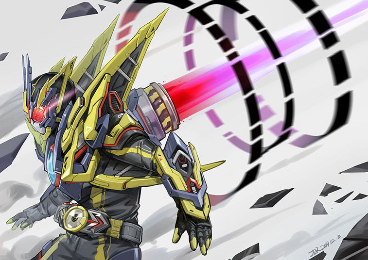 1boy armor belt blue_armor dated debris glowing glowing_eyes jiuri_jiuhao kamen_rider kamen_rider_01_(series) kamen_rider_zero-one male_focus power_armor profile red_eyes rider_belt shining_assault_hopper signature solo thrusters yellow_armor zero_one_driver