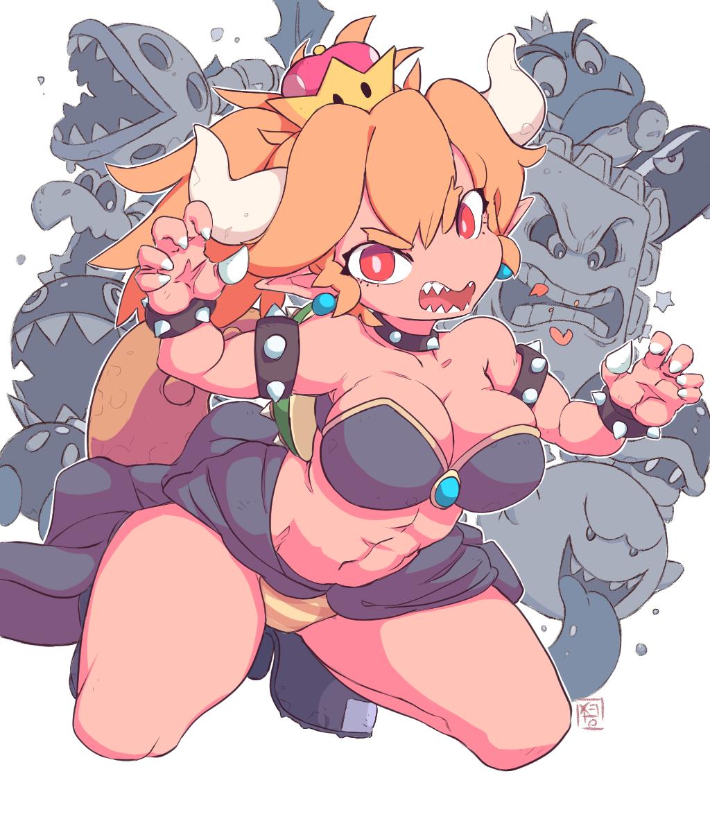 1girl abs armlet artist_name bare_shoulders black_footwear blonde_hair bob-omb boo_(mario) bowsette bracelet breasts bullet_bill buzzy_beetle chain_chomp claw_pose claws cleavage closed_mouth collar collarbone crown dry_bones earrings fangs female_focus full_body gem goomba hands_up heart high_heels horns jewelry jpeg_artifacts kneeling large_breasts looking_at_viewer mario_(series) mini_crown navel new_super_mario_bros._u_deluxe nintendo open_mouth orange_panties outline panties piranha_plant pointy_ears ponytail red_eyes sharp_teeth shoes signature smile solo_focus spiked_bracelet spiked_collar spikes star_(symbol) starmilk strapless striped_clothes striped_panties super_crown tail teeth thwomp tongue tongue_out tube_top turtle_shell underwear white_background white_outline