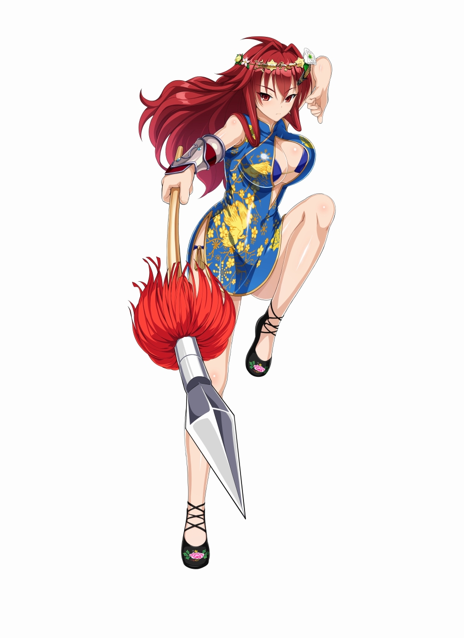 1girl bare_legs breasts china_dress chinese_clothes cle_masahiro dress female_focus fighting_stance full_body hair_ornament highres holding holding_weapon kisaragi_setsuna large_breasts leg_lift long_hair official_art panties polearm qiang_(weapon) red_eyes red_hair serious side-tie_panties sleeveless solo spear underwear valkyrie_drive valkyrie_drive_-siren- weapon