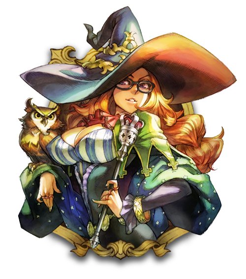 1girl animal belt bird breasts brown_hair cleavage dress female_focus glasses grand_knights_history hat jewelry large_breasts long_hair muse_cromwell official_art owl red_eyes ring smile solo wand witch_hat wristband