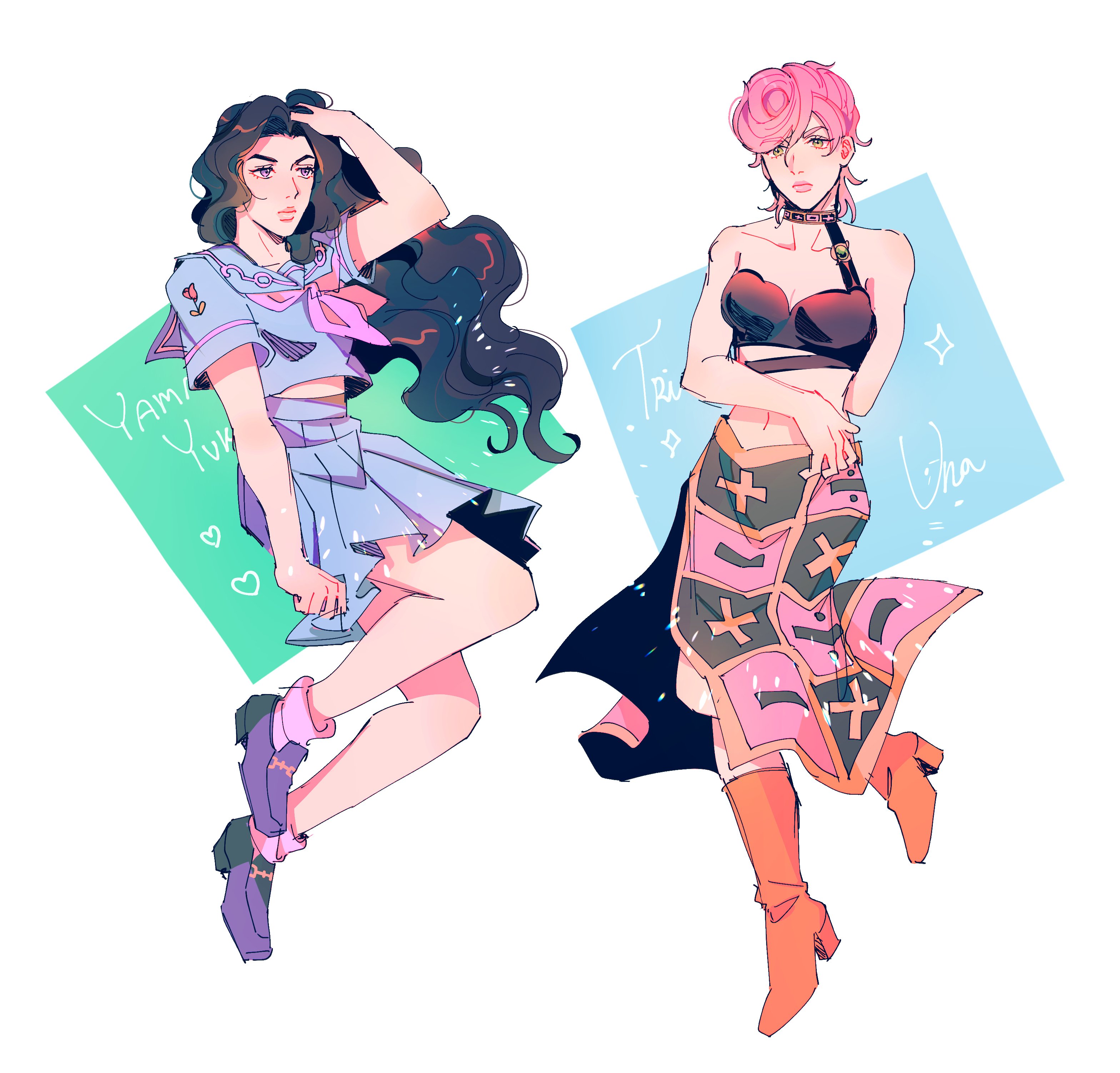 2girls absurdres black_bra black_hair boots bra choker closed_mouth commentary english_commentary full_body hand_in_own_hair heart highres jojo_no_kimyou_na_bouken long_hair long_skirt math multiple_girls pink_hair pompadour sailor_collar seirorath short_sleeves side_slit skirt trish_una underwear yamagishi_yukako