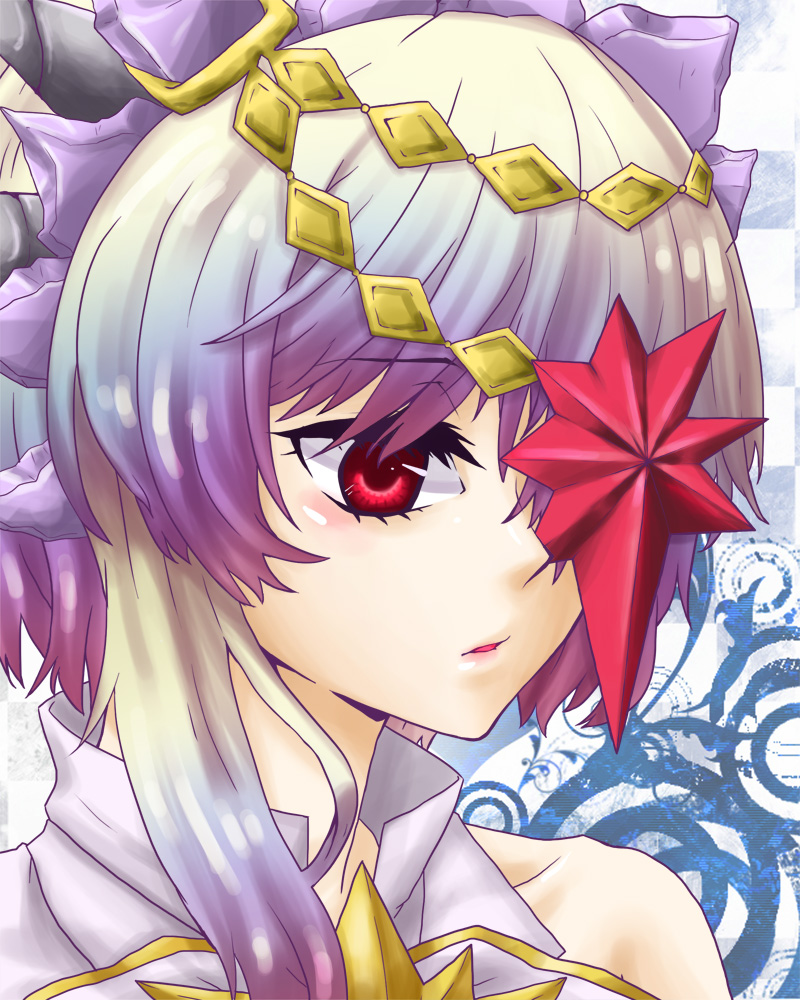1girl alfa_system eyepatch female_focus gradient_hair grey_hair multicolored_hair portrait purple_hair razalis razalis_(tales) red_eyes shii619 short_hair solo tales_of_(series) tales_of_the_world tales_of_the_world_radiant_mythology_3