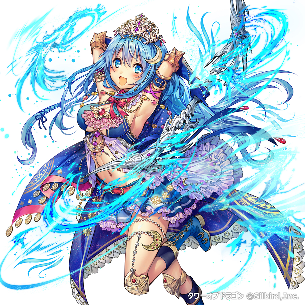 1girl :d armband armpits arms_up belt blue_boots blue_eyes blue_hair blue_skirt blush boots bow_(weapon) breasts cape cleavage company_name copyright_name crescent crescent_hair_ornament dress elbow_gloves eyebrows female_focus frilled_skirt frills gloves hair_between_eyes hair_ornament hair_ribbon holding holding_weapon jewelry knee_pads leg_up long_hair looking_at_viewer madogawa matching_hair/eyes medium_breasts navel official_art open_mouth original ribbon simple_background skirt smile solo tiara tower_of_dragon wand water weapon white_background wings