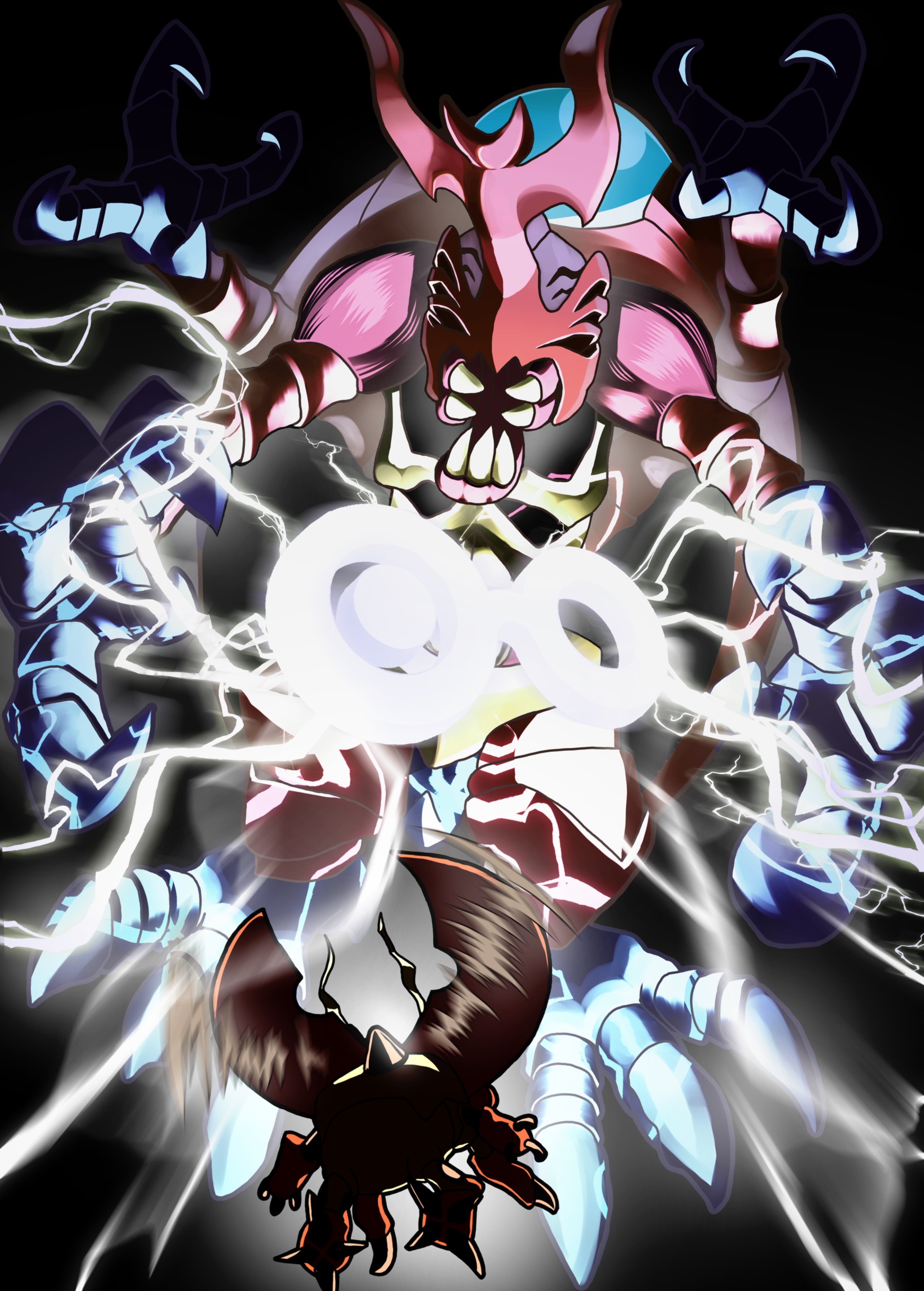 absurdres atlurkabuterimon atlurkabuterimon_(red) black_background bug dark_background digimon digimon_(creature) digimon_adventure electricity highres horns insect_wings no_humans papipupepopth single_horn solo solo_focus tentomon wings