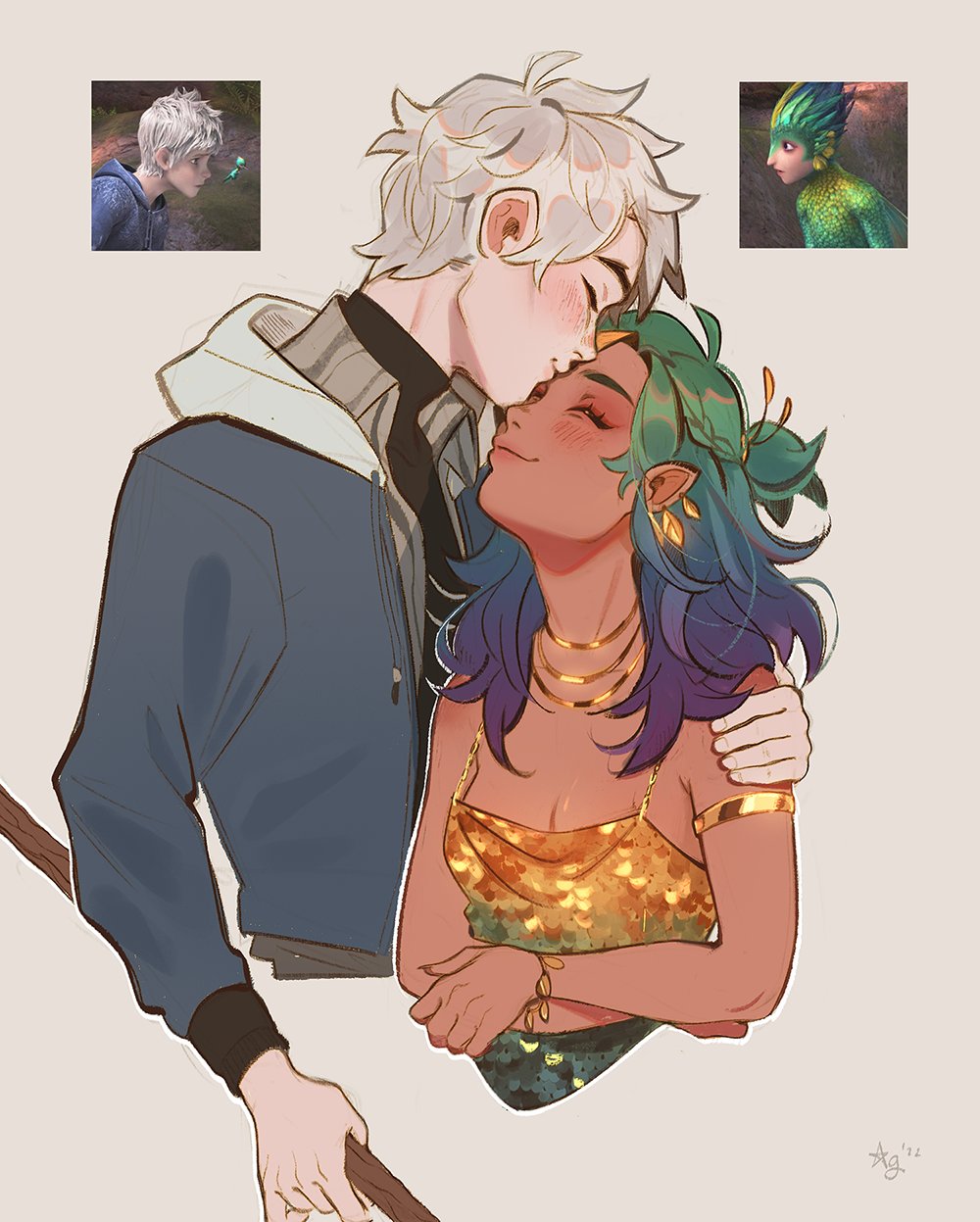 1boy 1girl aleikats animification armlet blue_hair bracelet breasts commentary dark-skinned_female dark_skin earrings english_commentary closed_eyes gold_necklace gradient_hair green_hair hetero highres holding holding_polearm holding_weapon hood hoodie jack_frost_(rise_of_the_guardians) jewelry kiss kissing_forehead long_sleeves medium_breasts medium_hair multicolored_hair necklace photo-referenced pointy_ears polearm purple_hair rise_of_the_guardians short_hair toothiana_(rise_of_the_guardians) weapon white_background white_hair