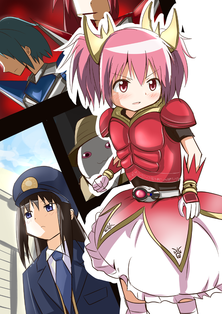 10s 4girls :3 akemi_homura bad_id bad_pixiv_id belt black_hair blue_hair cosplay food hair_ornament hat kamen_rider kamen_rider_dcd kamen_rider_kabuto_(series) kamen_rider_kick_hopper kamen_rider_kuuga kamen_rider_kuuga_(series) kamen_rider_punch_hopper kaname_madoka kyubey long_hair mahou_shoujo_madoka_magica mahou_shoujo_madoka_magica_(anime) miki_sayaka mouth_hold multiple_girls narutaki_(dcd) narutaki_(dcd)_(cosplay) necktie pink_eyes pink_hair pocky police police_uniform red_hair rider-tan sakura_kyoko short_hair twintails u_u_(mooooooou)