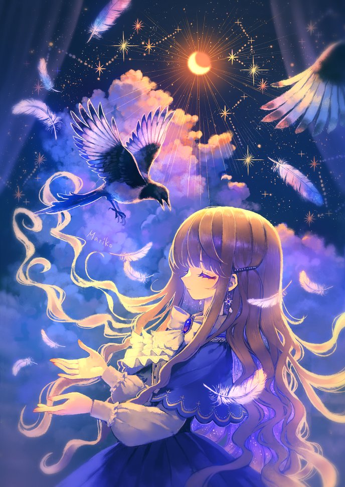 1girl artist_name ascot bird blue_capelet blue_gemstone blue_skirt bow bowtie brooch brown_hair capelet choppy_bangs closed_eyes closed_mouth cloud collared_shirt colored_inner_hair constellation cowboy_shot crescent_moon curtains dress_shirt earrings feathers floating_earrings floating_hair from_side gem hair_ornament hairclip high-waist_skirt jewelry long_hair magpie mariko_(leda) moon multicolored_gemstone multicolored_hair night original outstretched_hand profile purple_gemstone purple_hair shirt skirt sky solo star_(sky) star_(symbol) star_earrings starry_hair starry_sky sunburst wavy_hair white_ascot white_bow white_bowtie white_feathers white_shirt