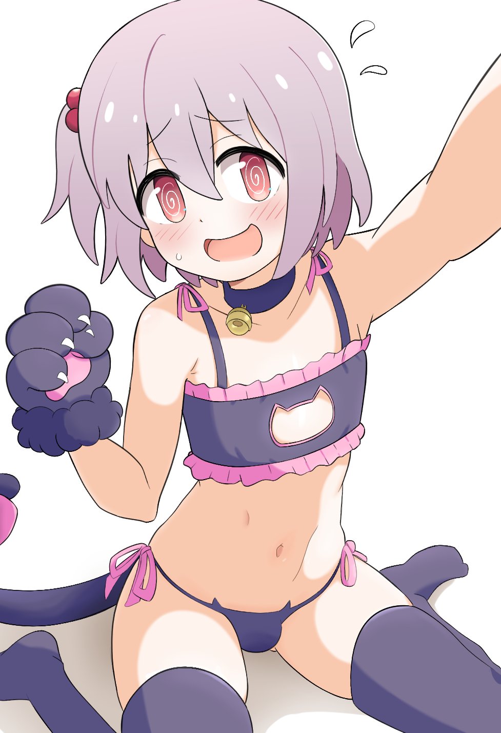 1boy :d @_@ animal_hands bell black_bra black_choker black_gloves black_panties black_thighhighs blush bra brown_eyes bulge cat_cutout cat_lingerie cat_tail choker cleavage_cutout clothing_cutout commentary cosplay embarrassed flying_sweatdrops frilled_bra frills gloves grey_hair hair_bobbles hair_ornament hashtag-only_commentary highres jingle_bell lingerie looking_at_viewer lurkingkaos male_focus meme_attire navel neck_bell onii-chan_wa_oshimai! open_mouth outstretched_arm oyama_mahiro_(cosplay) panties paw_gloves selfie senkawa_minato short_hair short_sidetail side-tie_panties side_ponytail simple_background sitting smile solo stomach tail thighhighs trap underwear underwear_only wariza white_background