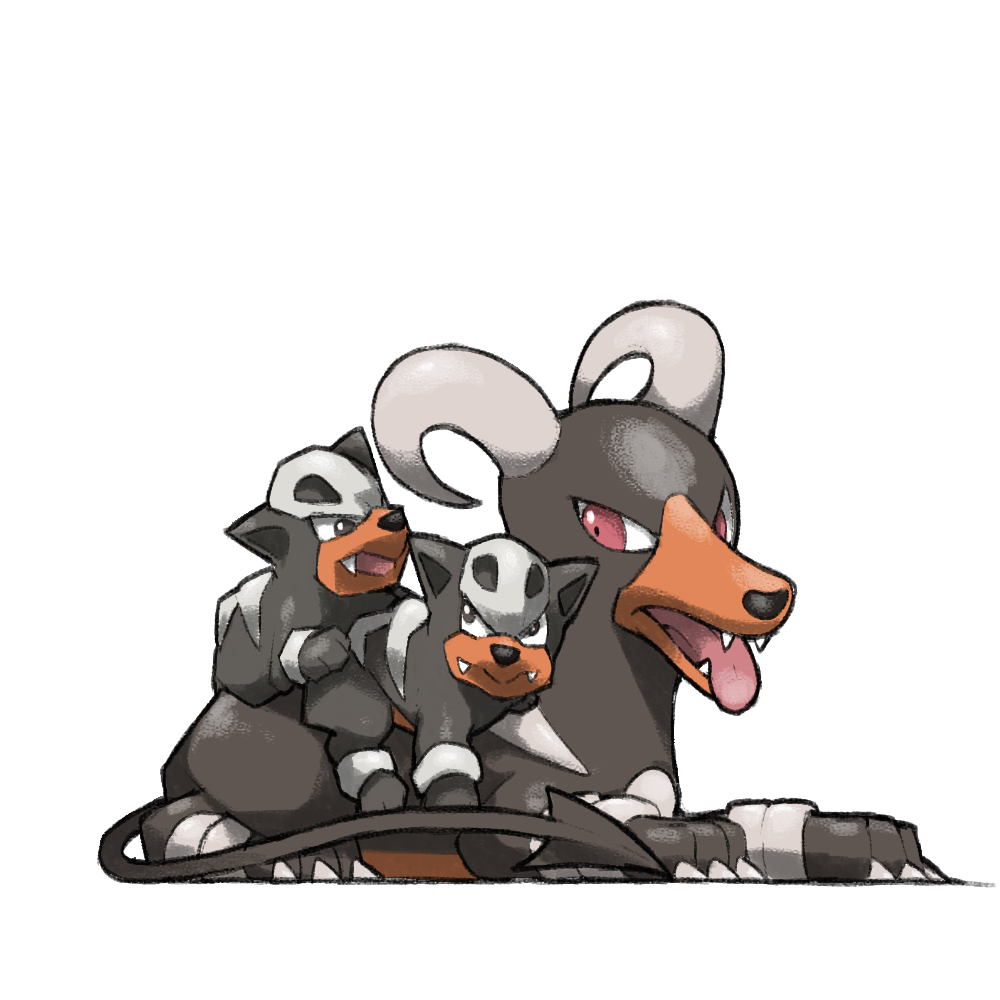 animal_focus blacknirrow closed_mouth evolutionary_line fangs gen_2_pokemon horns houndoom houndour nintendo no_humans open_mouth pokemon pokemon_(creature) pokemon_focus red_eyes simple_background tongue tongue_out white_background