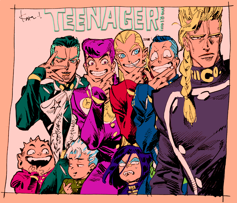 6+boys bandaid bandaid_on_face bandaid_on_nose blonde_hair blue_eyes blue_hair blue_jacket braid braided_ponytail buttons clenched_teeth crest eyelashes fungami_yuya gakuran green_hair green_jacket group_picture hair_between_eyes hair_slicked_back hand_on_own_chin hazamada_toshikazu hazekura_mikitaka higashikata_josuke hirose_koichi jacket jojo_no_kimyou_na_bouken kotteri long_hair looking_at_another looking_at_viewer looking_to_the_side male_focus multiple_boys nijimura_keicho nijimura_okuyasu pink_jacket pompadour purple_hair purple_jacket red_jacket school_uniform short_hair simple_background smile teeth thick_eyebrows upper_body white_hair yangu_shigekiyo
