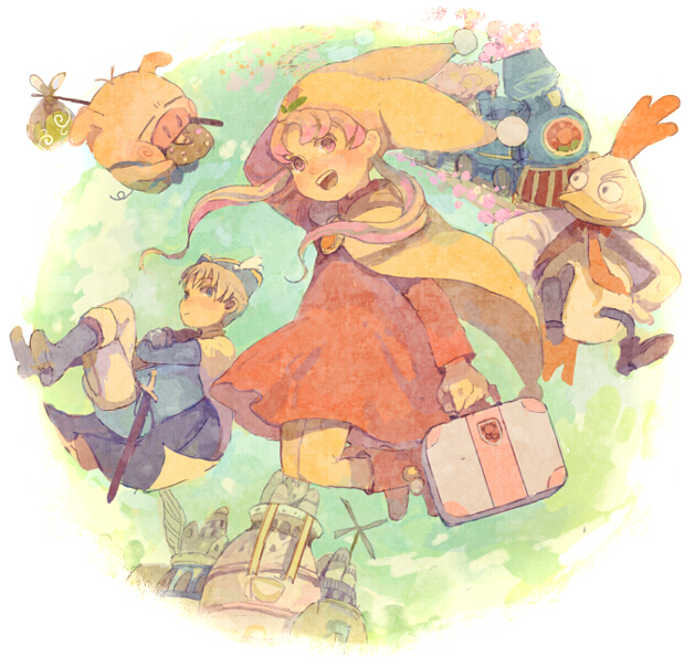 1990s_(style) 1boy 1girl araessa bad_id bad_pixiv_id bird blonde_hair character_request chicken locomotive long_hair open_mouth pig pink_hair pon_(cielo) prince_cloud princess_silver short_hair steam_locomotive sutonsuton windmill yume_no_crayon_oukoku