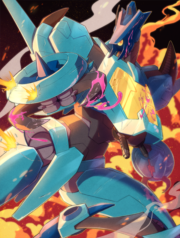 1boy autobot claws commentary cosmicdanger energon english_commentary looking_down mecha no_humans one-eyed robot science_fiction smoke solo the_transformers_(idw) transformers whirl_(transformers) yellow_eyes