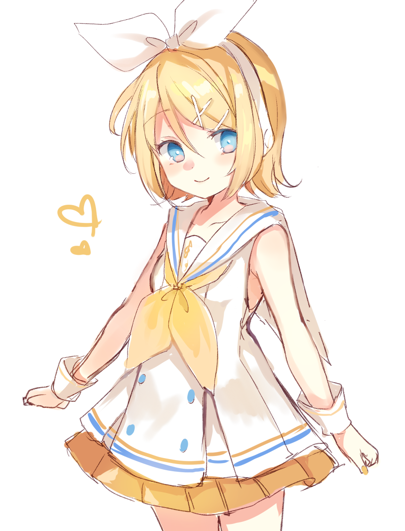 1girl blonde_hair blue_eyes bow collarbone commentary_request dress_shirt female_focus hair_between_eyes hair_bow hair_ornament hairclip kagamine_rin neckerchief paragasu_(parags112) school_uniform serafuku shirt short_hair simple_background skirt smile solo sour_model_(mikumikudance) vocaloid white_background wrist_cuffs yellow_skirt