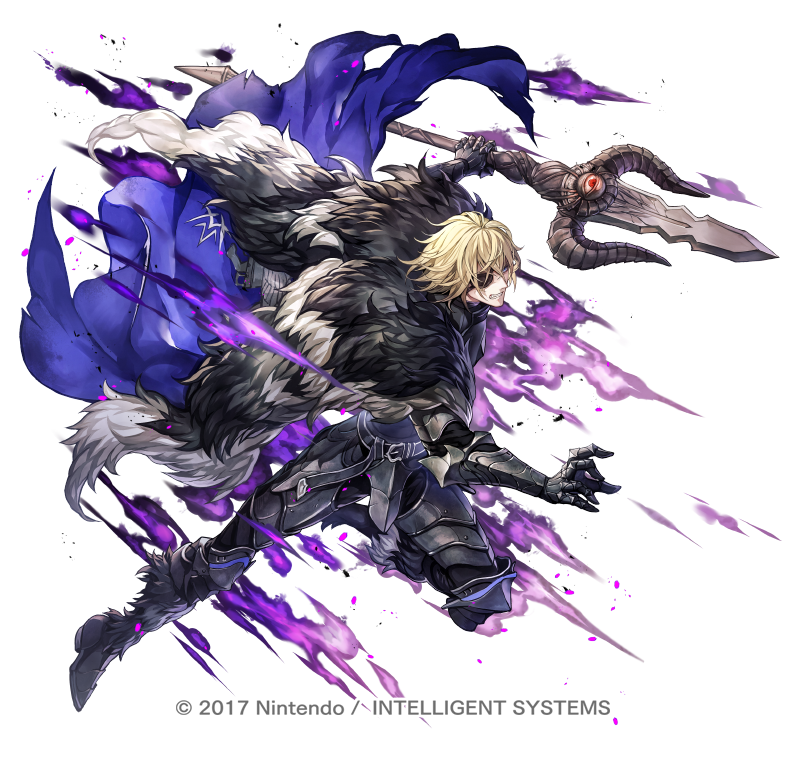 armor black_armor blonde_hair blue_cape boots cape copyright_notice dark_persona dimitri_alexandre_blaiddyd eyepatch fire_emblem fire_emblem:_three_houses fire_emblem_heroes fur_boots fur_trim holding holding_polearm holding_weapon male_focus nintendo official_art polearm senano-yu short_hair simple_background solo weapon white_background yellow_eyes