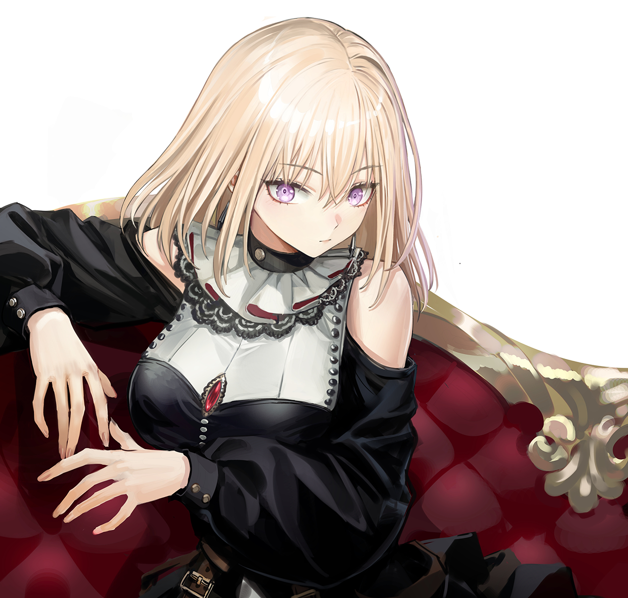 1girl bang_dream! bang_dream!_it's_mygo!!!!! black_dress blonde_hair chinese_commentary clothing_cutout commentary_request doloris_(bang_dream!) dress earrings hair_between_eyes highres infukun jewelry long_sleeves medium_hair misumi_uika purple_eyes red_brooch shoulder_cutout simple_background sitting solo white_background