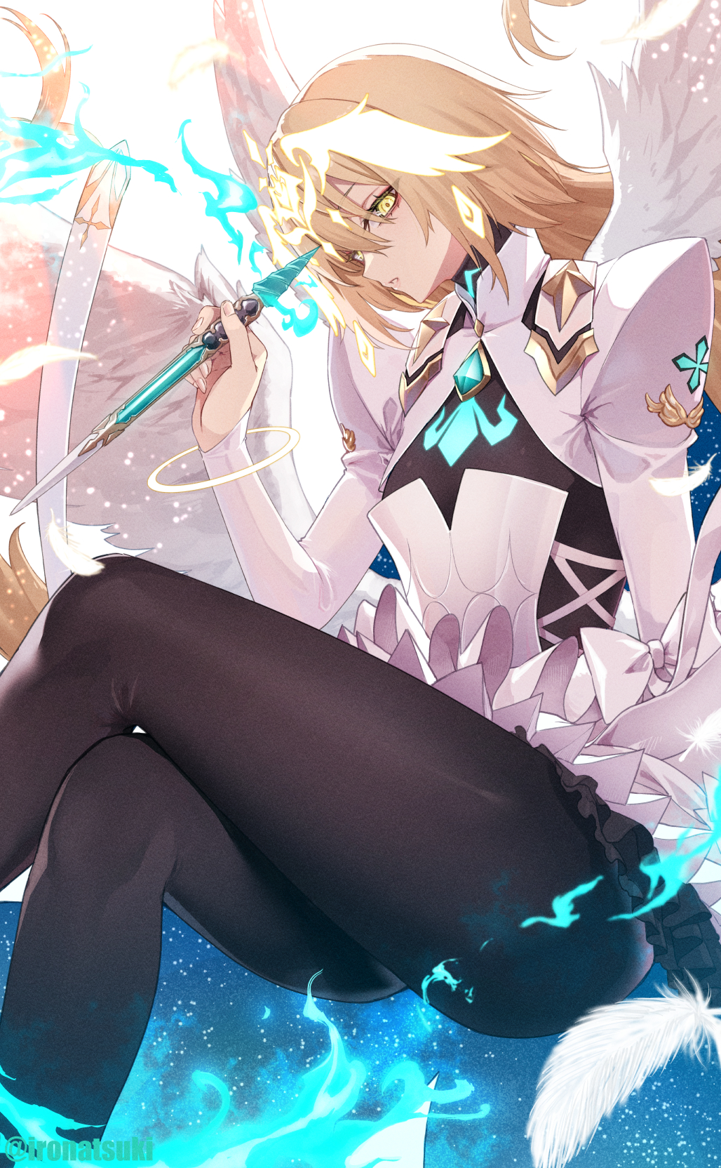 1girl angel_wings black_pantyhose blonde_hair bracelet breasts dress fate/grand_order fate_(series) feathered_wings headpiece highres ironatsuki jeanne_d&#039;arc_(fate) jewelry juliet_sleeves long_hair long_sleeves looking_at_viewer medium_breasts metatron_jeanne_(fate) metatron_jeanne_(third_ascension)_(fate) multiple_wings pantyhose parted_lips puffy_sleeves solo thighs very_long_hair white_dress wings yellow_eyes
