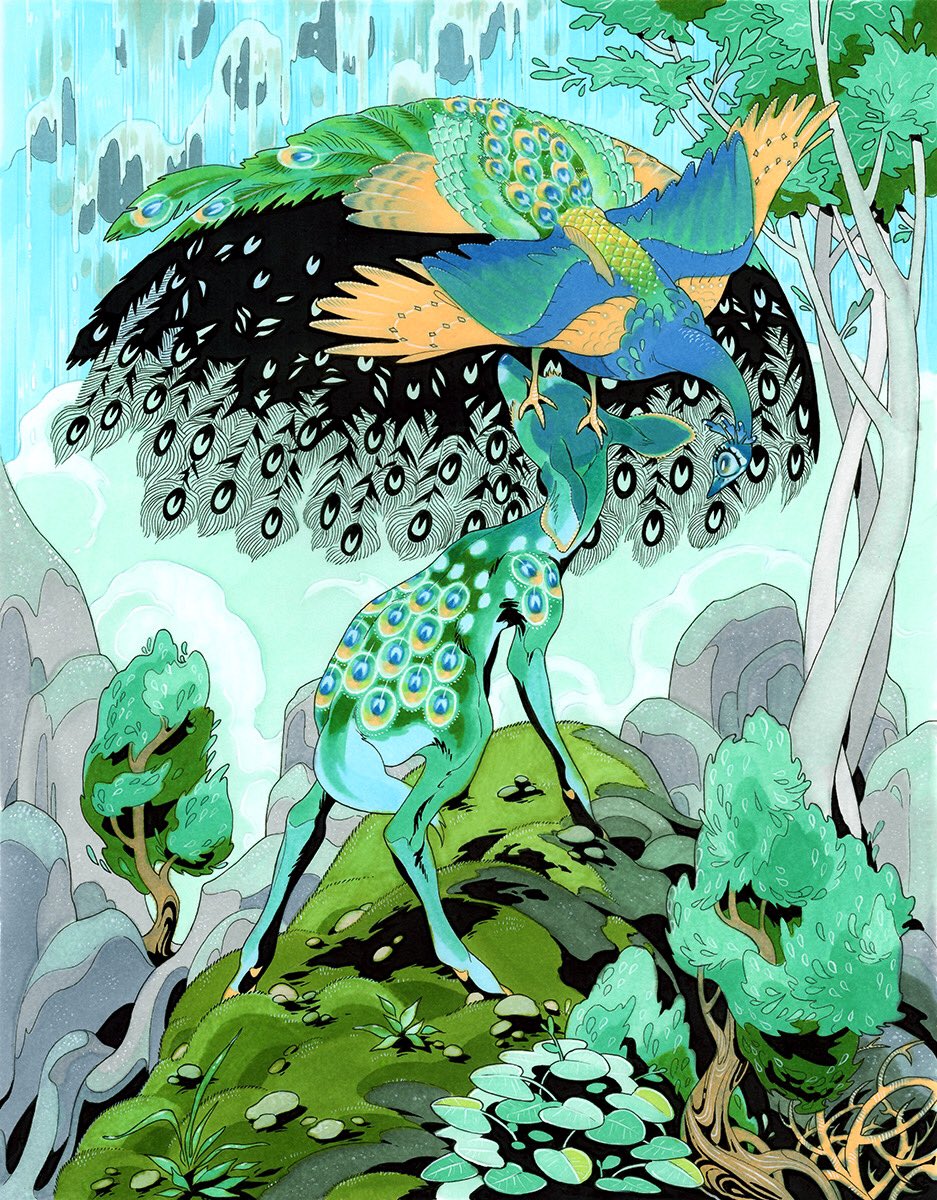 2others animal animal_focus animal_on_head baby_animal between_legs bird bird_on_head blue_feathers bush closed_eyes colored_eyelashes commentary cyclops deer fawn feathers fleebites grass green_feathers green_fur green_theme highres looking_at_animal looking_at_another moss mountain multiple_others nature no_humans on_head on_rock one-eyed original peacock peacock_feathers peacock_print plant rock standing_on_rock symbol-only_commentary tail tail_between_legs traditional_media tree yellow_feathers
