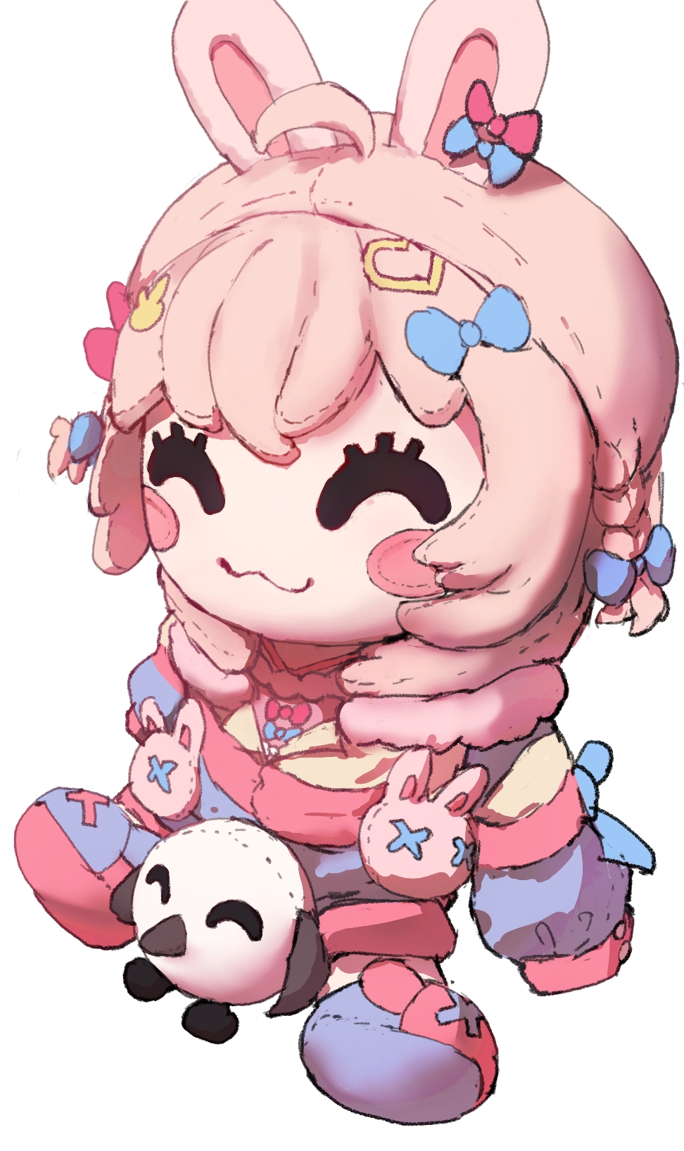 :3 ^_^ ahoge animal_ears blush_stickers bow character_doll closed_eyes doll hair_bow hair_ornament hashtag-only_commentary heart heart_hair_ornament highres hollowsuia jacket long_sleeves no_humans object_focus phase_connect pink_hair pipkin_pippa pipkin_pippa_(1st_costume) rabbit_ears rabbit_hair_ornament simple_background sleeves_past_fingers sleeves_past_wrists smile stuffed_toy variant_set virtual_youtuber white_background