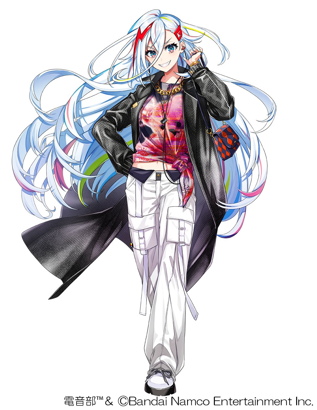 1girl artist_collaboration artist_request bag black_coat blonde_hair blue_eyes blue_hair coat copyright_notice denonbu full_body grin hag_(hag_015) hair_between_eyes hair_ornament hairclip hand_on_own_hip highres houou_karin jewelry long_hair long_hair_between_eyes long_sleeves looking_at_viewer midriff mika_pikazo_(style) multicolored_hair necklace official_alternate_costume official_art open_clothes open_coat pants red_hair shoes shoulder_bag side-tie_shirt simple_background smile solo standing streaked_hair very_long_hair white_background white_hair white_pants