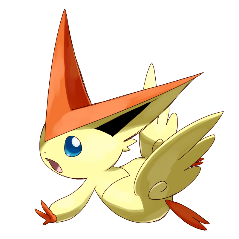 blue_eyes gen_5_pokemon good_frog legendary_pokemon looking_at_viewer mythical_pokemon nintendo no_humans open_mouth pokemon pokemon_(creature) simple_background solo victini white_background