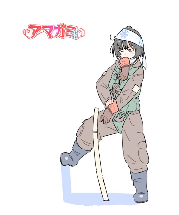 1girl alternate_costume amagami black_boots black_eyes black_hair boots brown_gloves brown_jumpsuit copyright_name flight_suit foot_against_wall full_body g-suit glove_in_mouth gloves guntou hachimaki harness headband imperial_japanese_navy jibakurei_(elite_unchi) jumpsuit kamikaze_pilot katana life_vest long_sleeves mouth_hold nanasaki_ai pilot_suit pilot_uniform putting_on_gloves serious sheath sheathed shirasaya short_hair simple_background solo standing standing_on_one_leg sword v-shaped_eyebrows weapon white_background white_headband world_war_ii