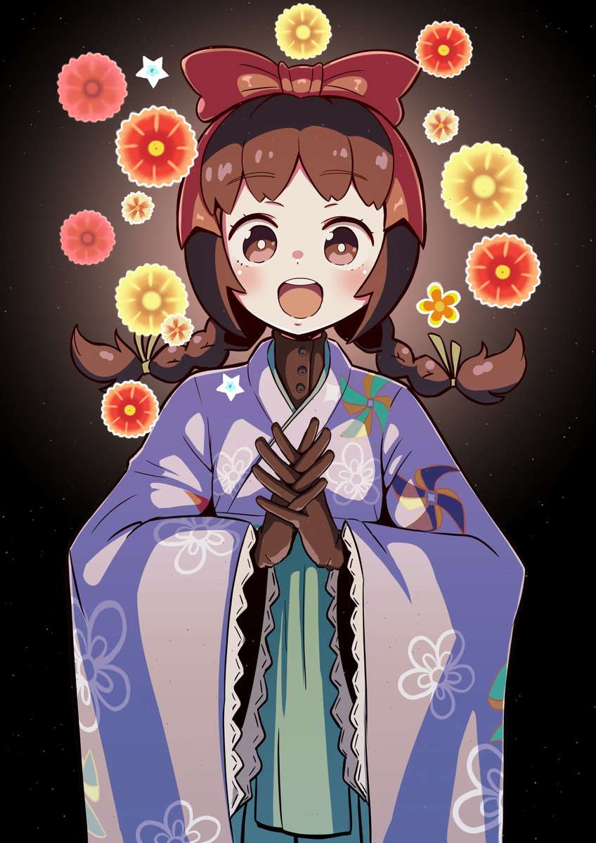1girl blush bow braid brown_eyes brown_hair cianter fire_emblem floral_print gloves hair_bow japanese_clothes kimono long_hair minamoto_mamori nintendo open_mouth pink_kimono smile solo tokyo_mirage_sessions_fe twin_braids